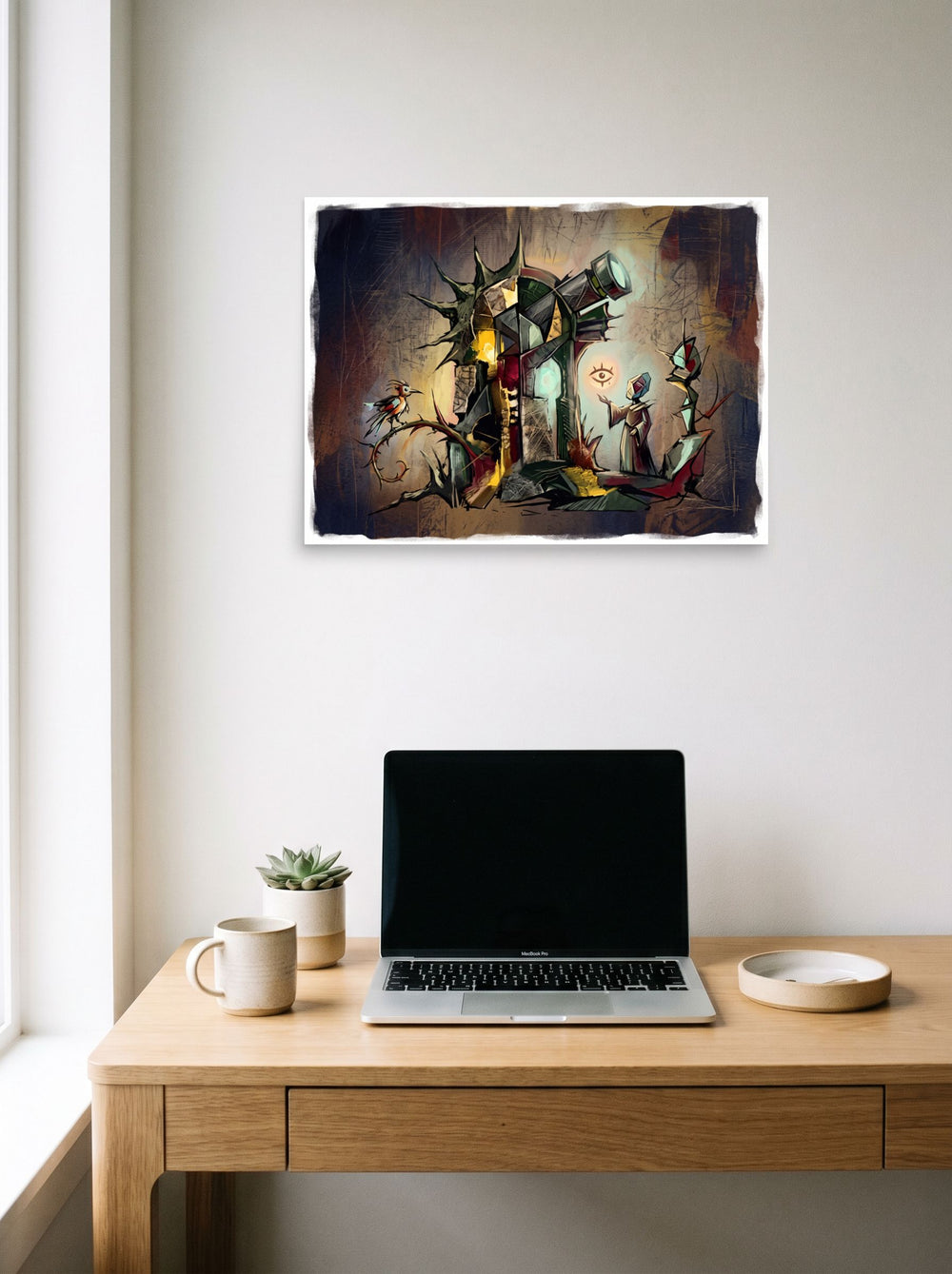 unframed paper wall art 'The Celestial Watcher' hanging above a worktable with a laptop, at 24x18 inch.