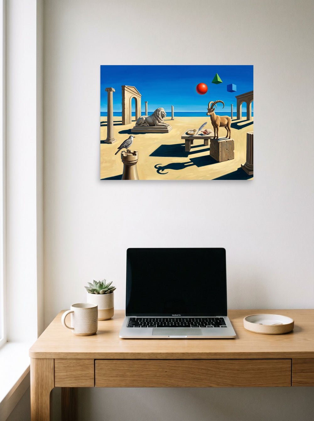 A 24x18 inch unframed paper Surrealism print of 'The Keeper of Sands and Time' hanging above a worktable with a laptop.