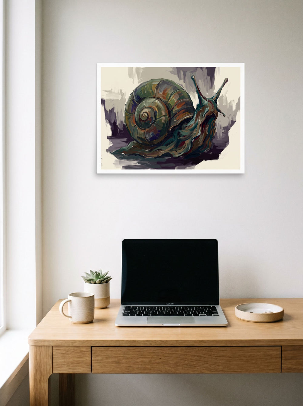 'The Primordial Snail' displayed over a compact desk setup. A 24x18 inch unframed paper Expressionism print.