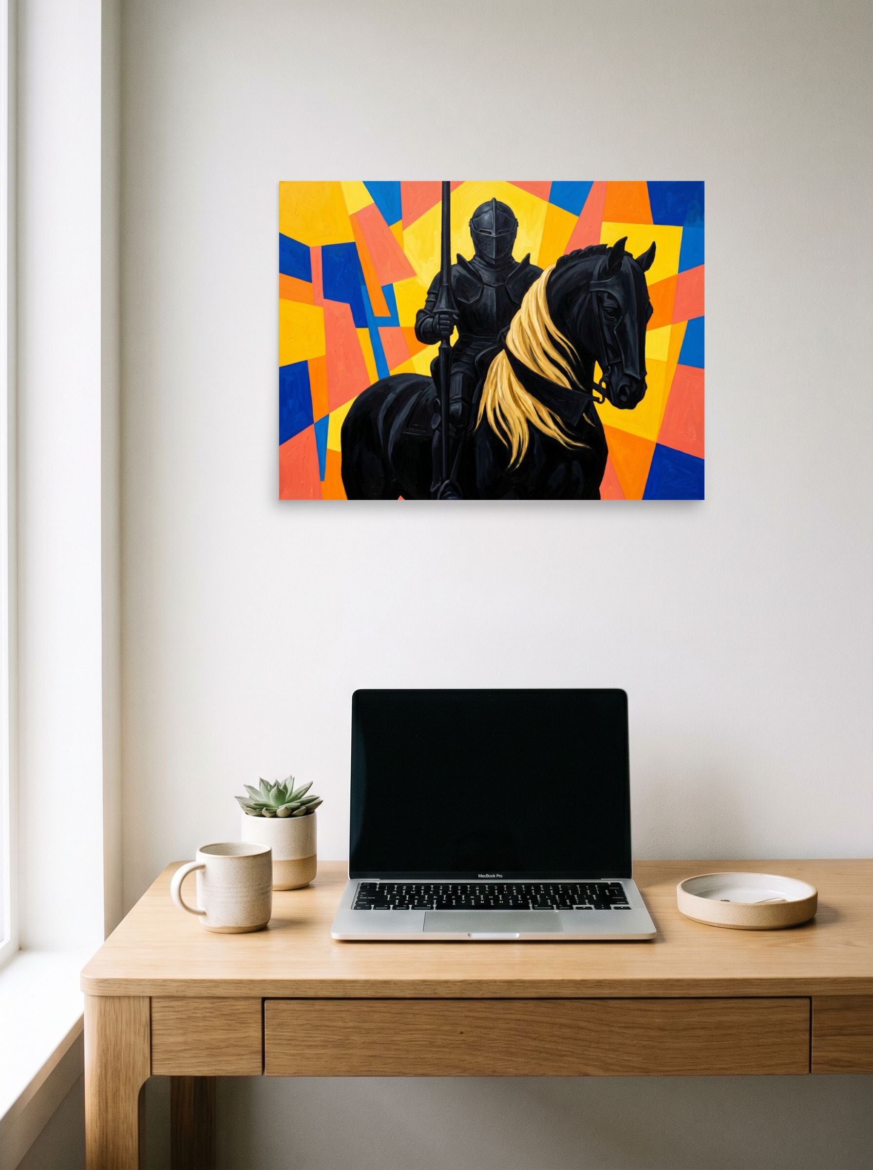 A 24x18 inch unframed paper Cubism,Figurative art print of 'The Abstract Knight' hanging above a worktable with a laptop.