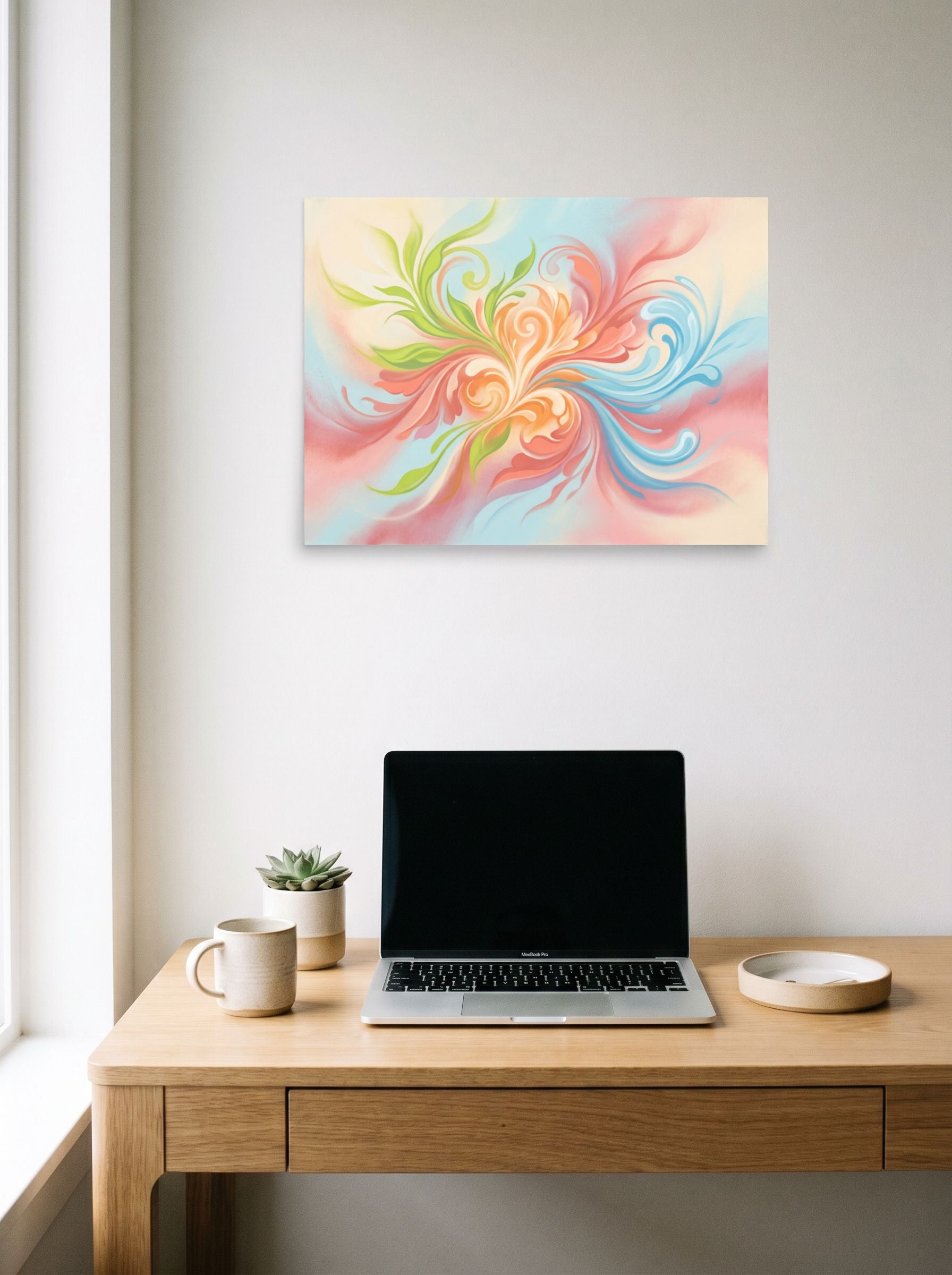 A 24x18 inch unframed paper Abstract art print of 'Whispering Zephyr' hanging above a worktable with a laptop.