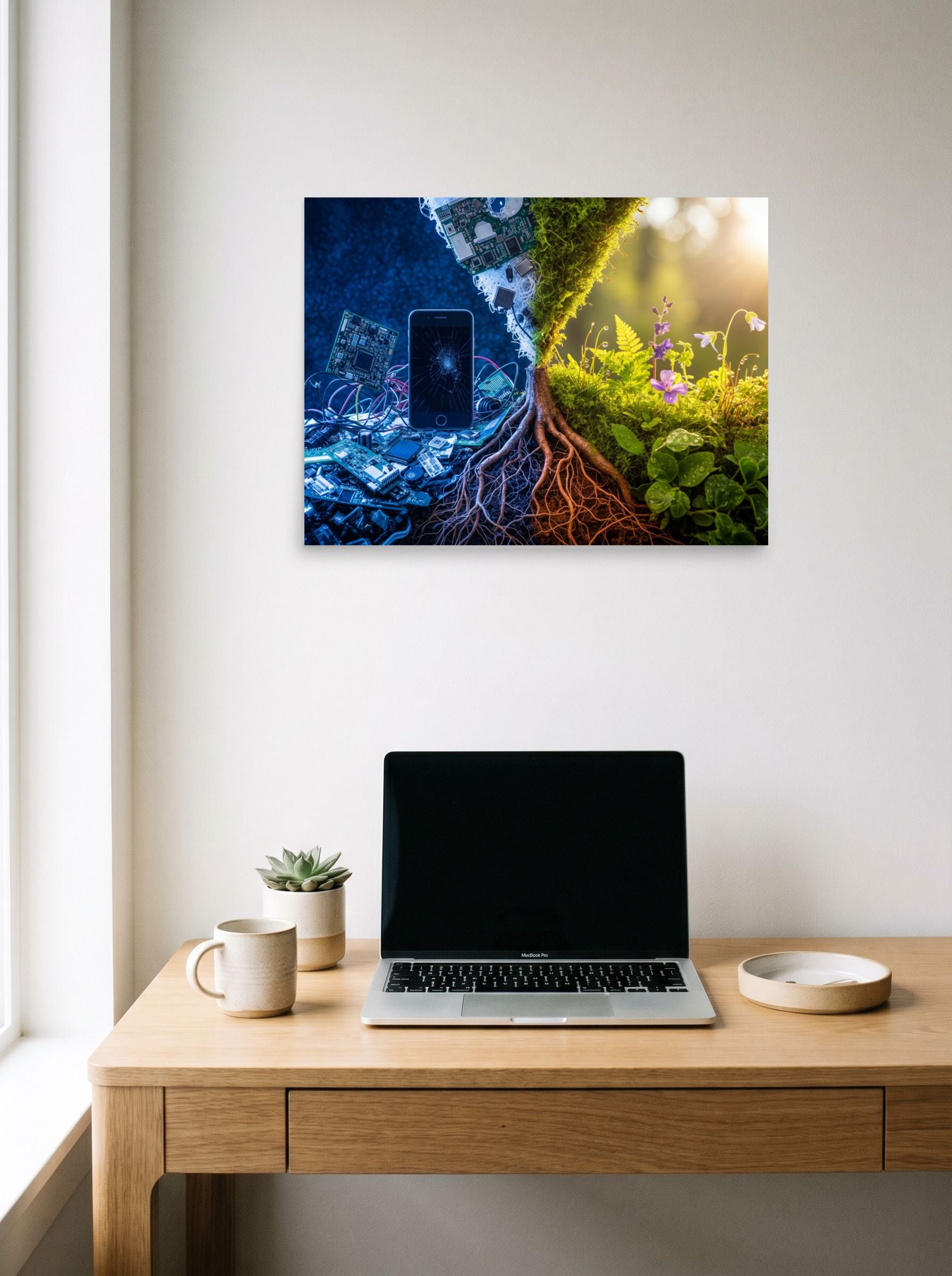 A 24x18 inch unframed paper Surrealism print of 'E-Waste Nature' hanging above a worktable with a laptop.