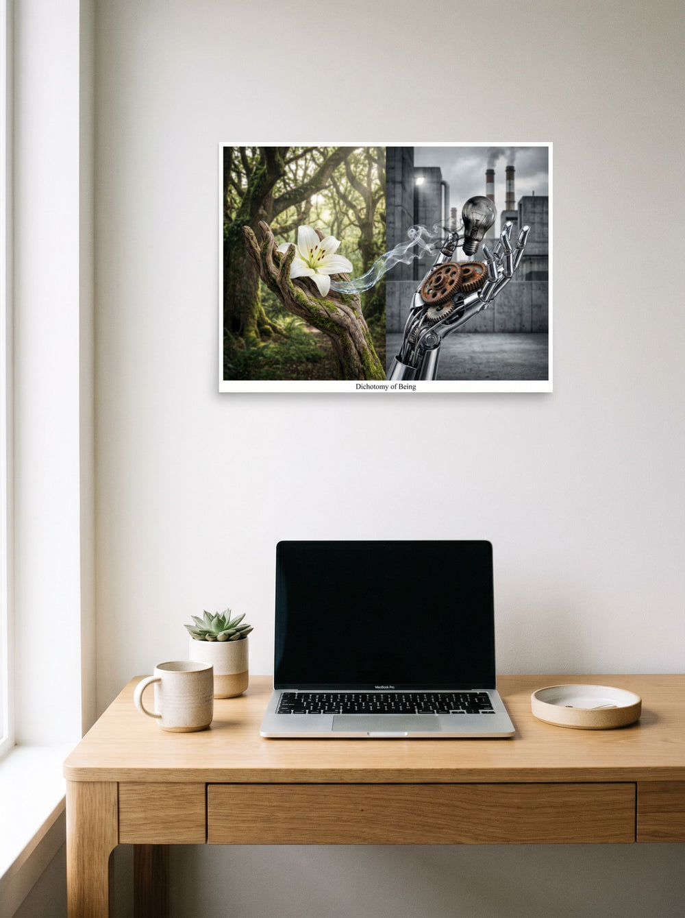 A 24x18 inch unframed paper Surrealism print of 'Dichotomy of Being' hanging above a worktable with a laptop.