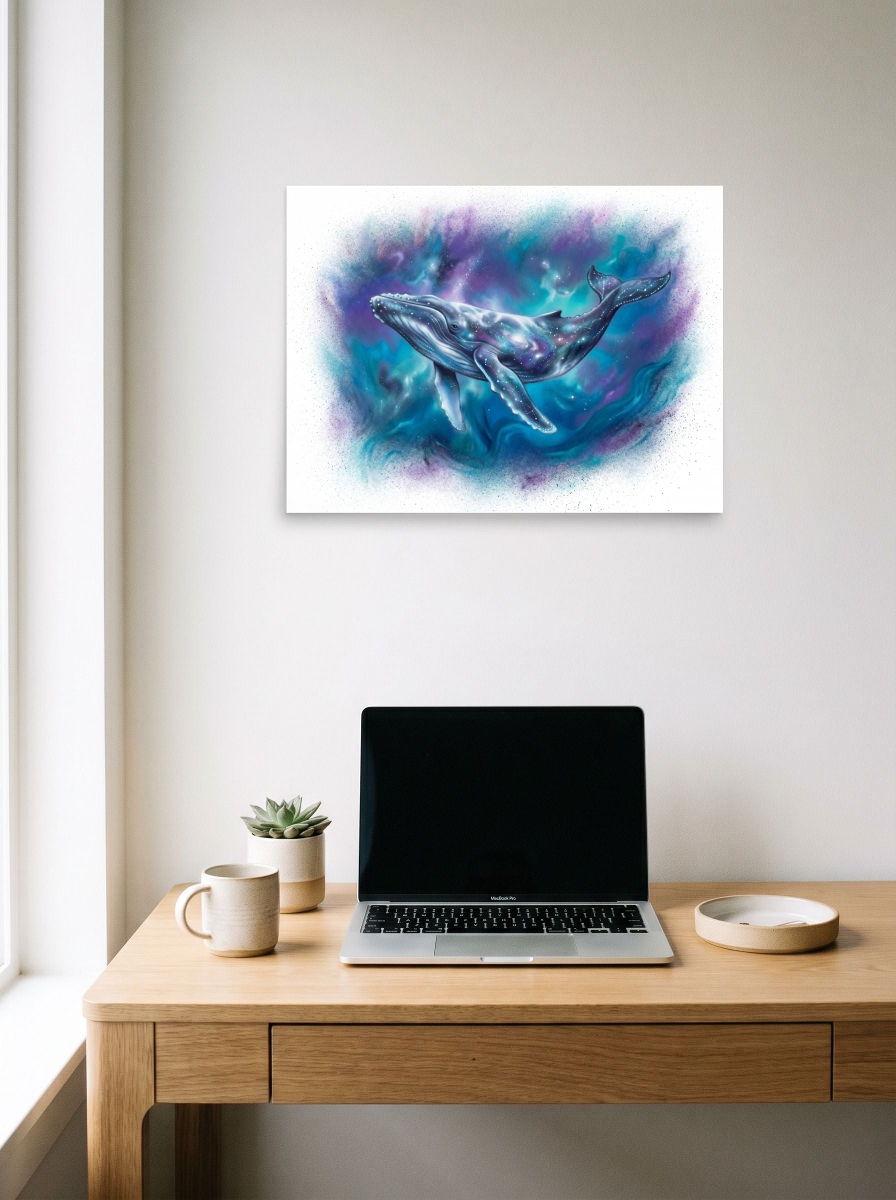 A 24x18 inch unframed paper Fantastic realism print of 'Cosmic Voyager' hanging above a worktable with a laptop.