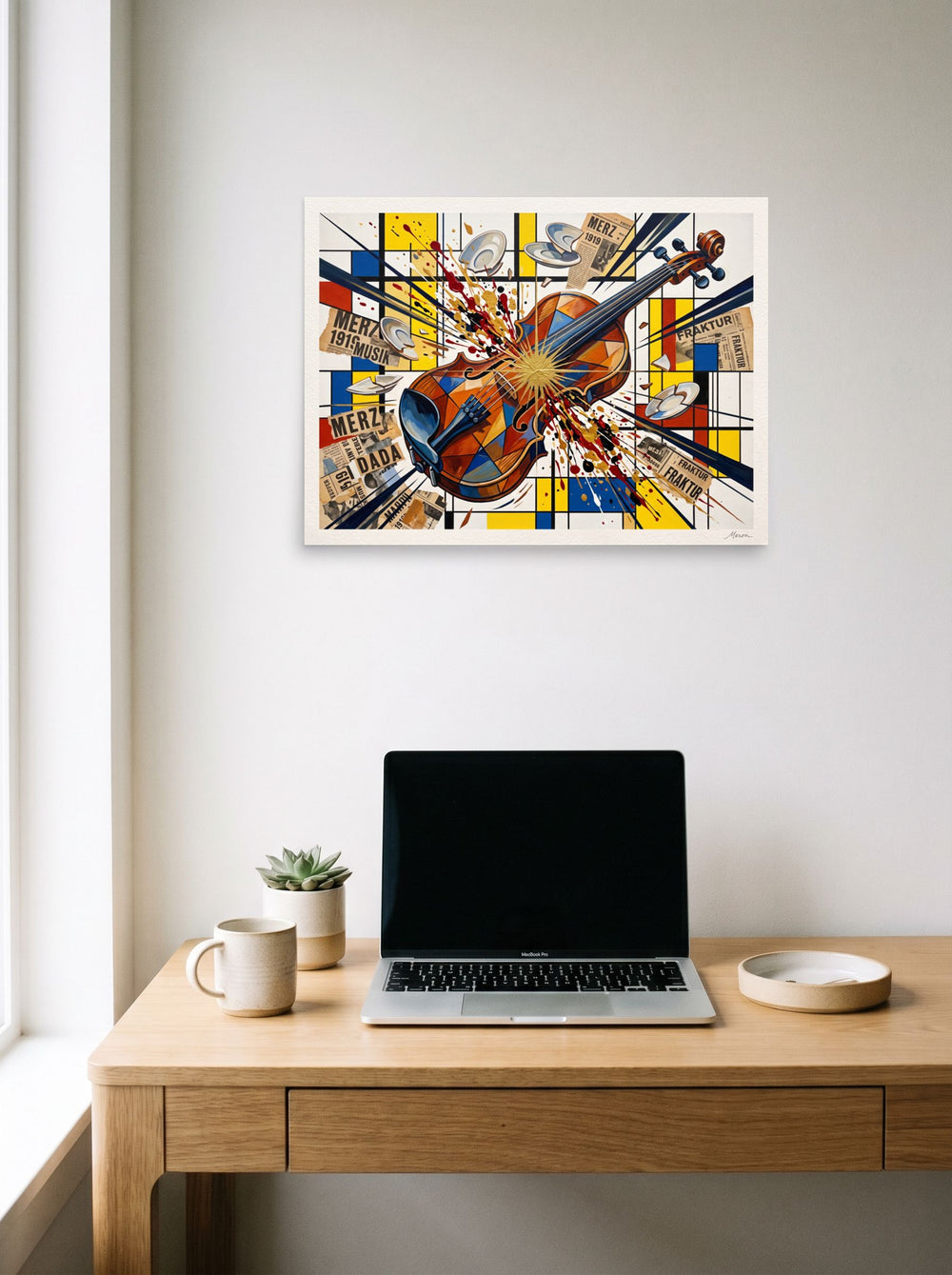 'Merz Violinkonzert' styled above a home-office workspace, printed as unframed paper at 24x18 inch.