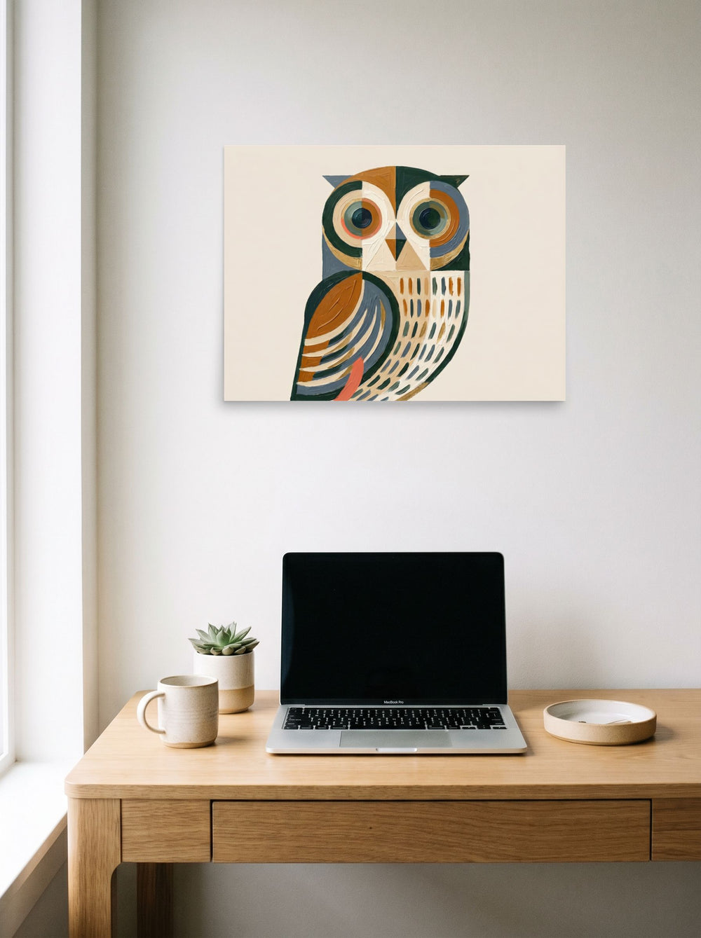 A 24x18 inch unframed paper Minimalism,Cubism print of 'Geometric Owl' hanging above a worktable with a laptop.