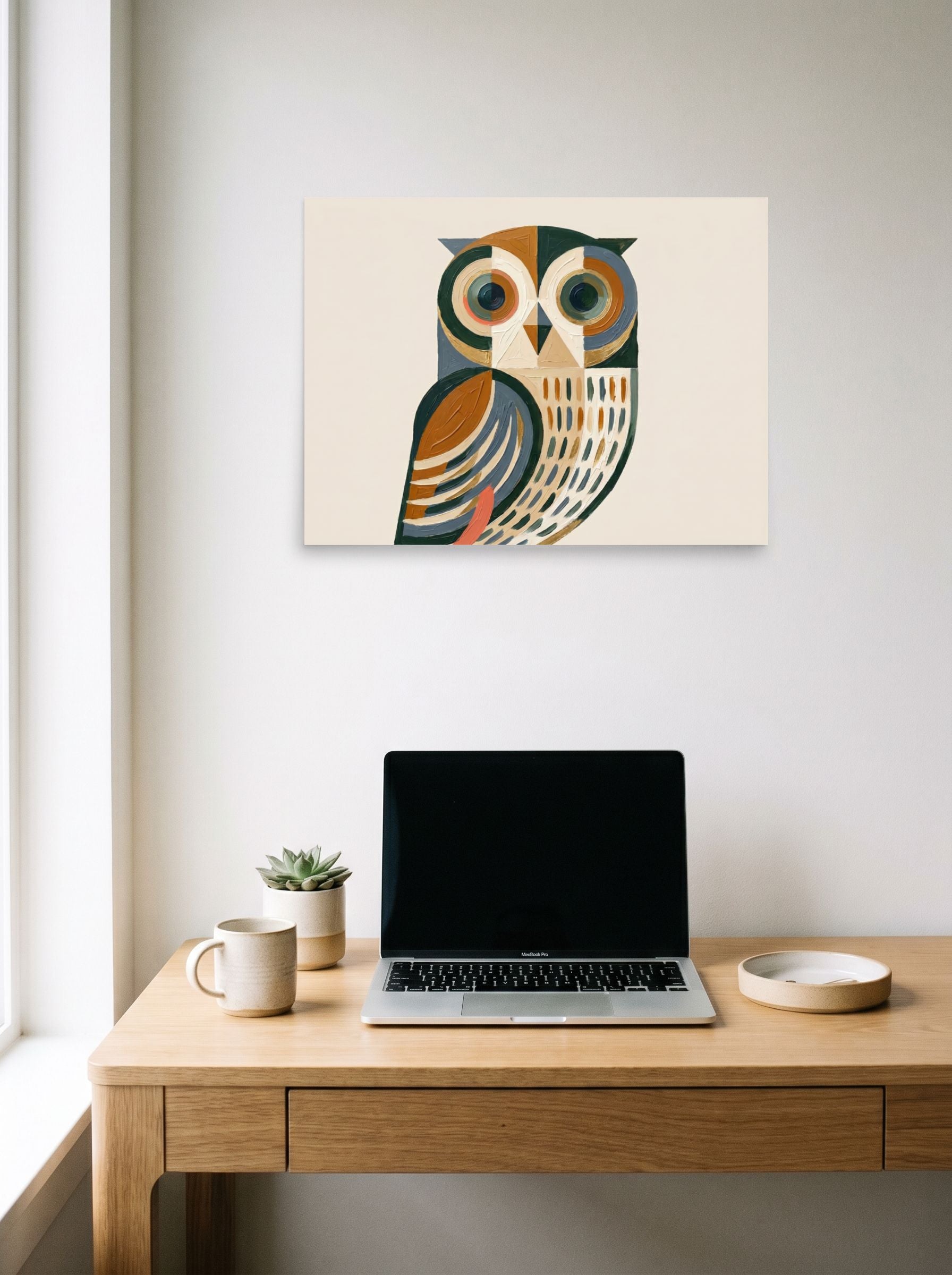 A 24x18 inch unframed paper Minimalism,Cubism print of 'Geometric Owl' hanging above a worktable with a laptop.