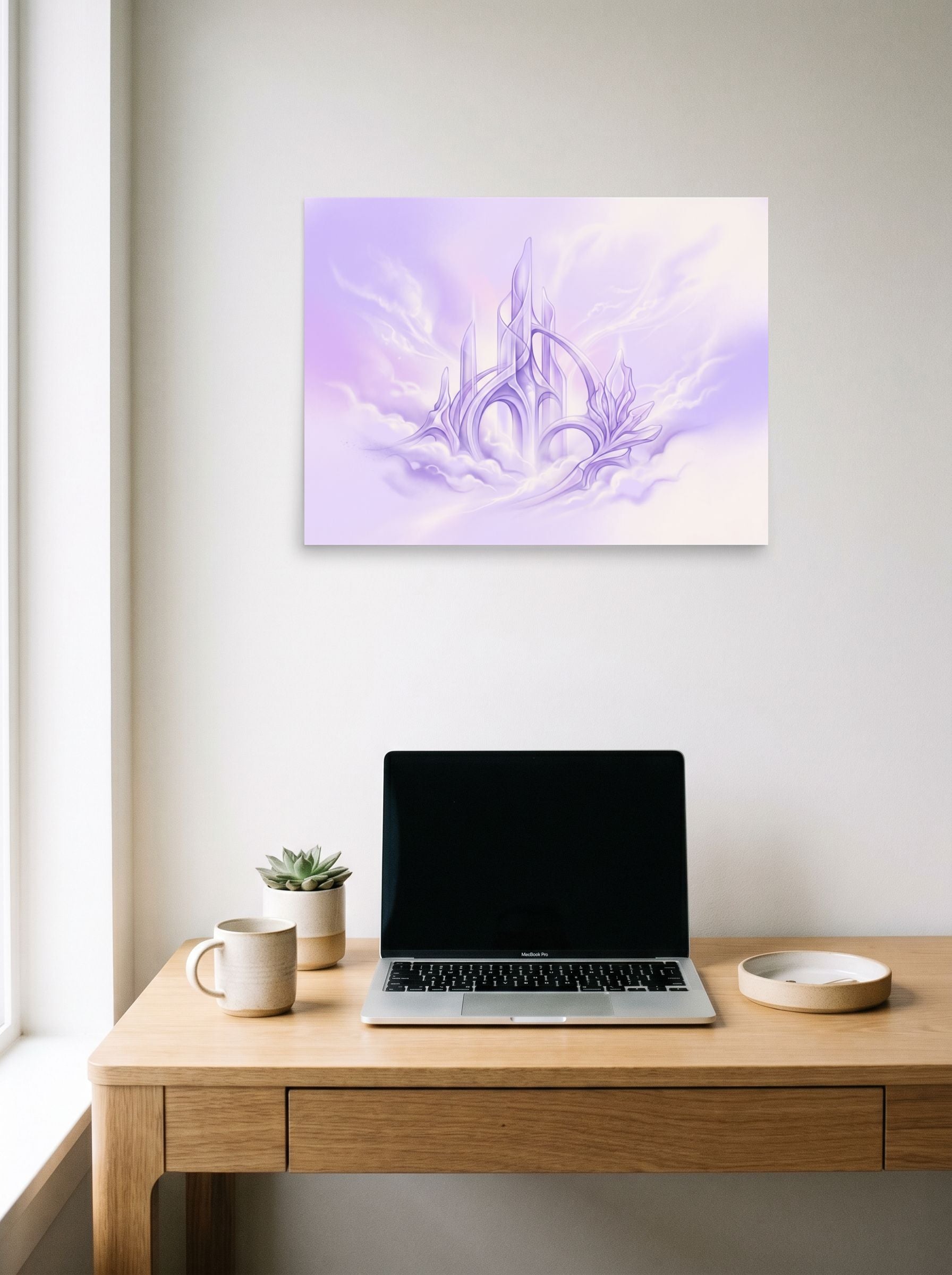A 24x18 inch unframed paper Surrealism print of 'Cloud City Crystal' hanging above a worktable with a laptop.