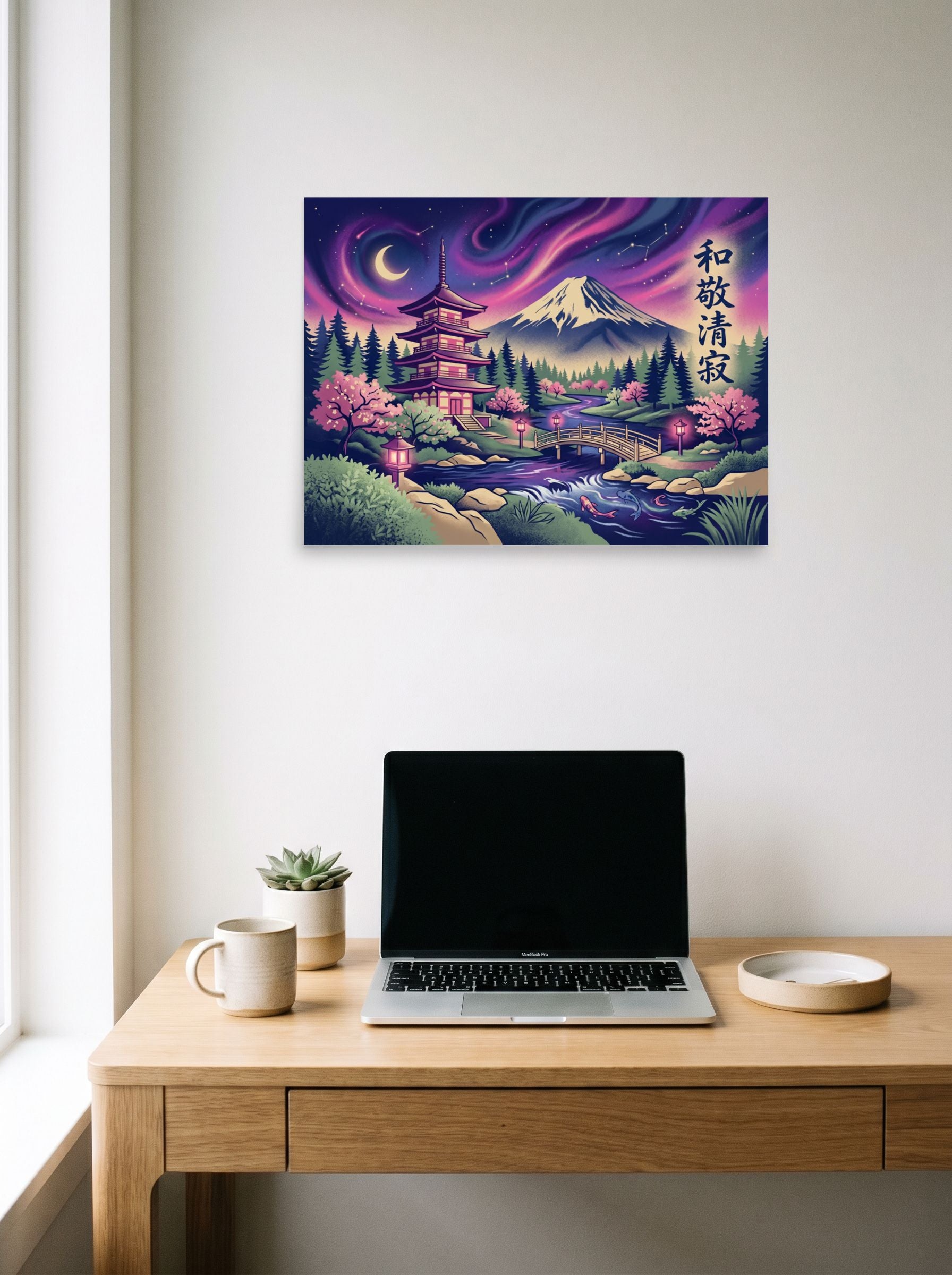 A 24x18 inch unframed paper Japanese art print of 'Aurora Over Fuji' hanging above a worktable with a laptop.