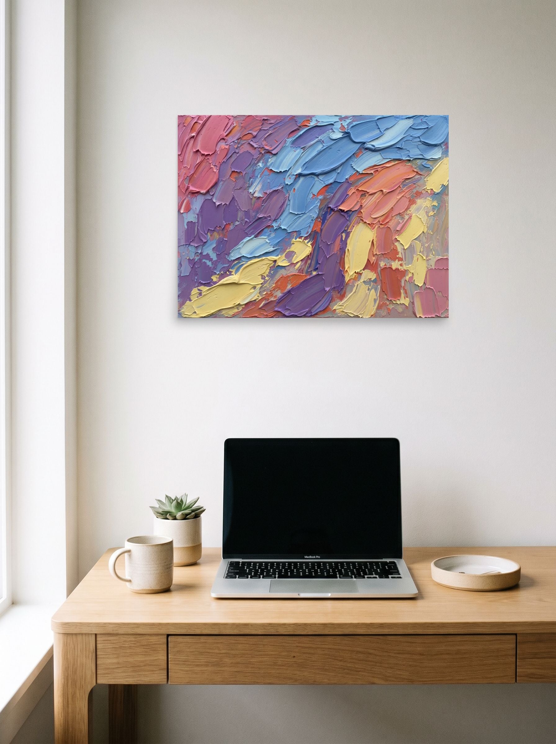A 24x18 inch unframed paper Abstract expressionism print of 'Vibrant Palette Dance' hanging above a worktable with a laptop.