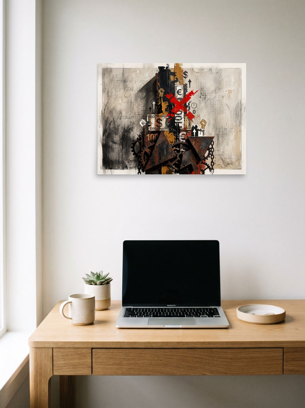 'The Currency of Protest' styled above a home-office workspace, printed as unframed paper at 24x18 inch.