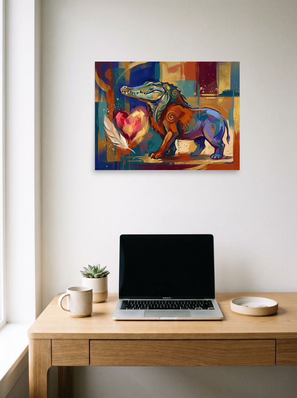 'Ammit and the Feather', a Cubism print hanging above a worktable with a laptop. Shown as unframed paper, 24x18 inch.