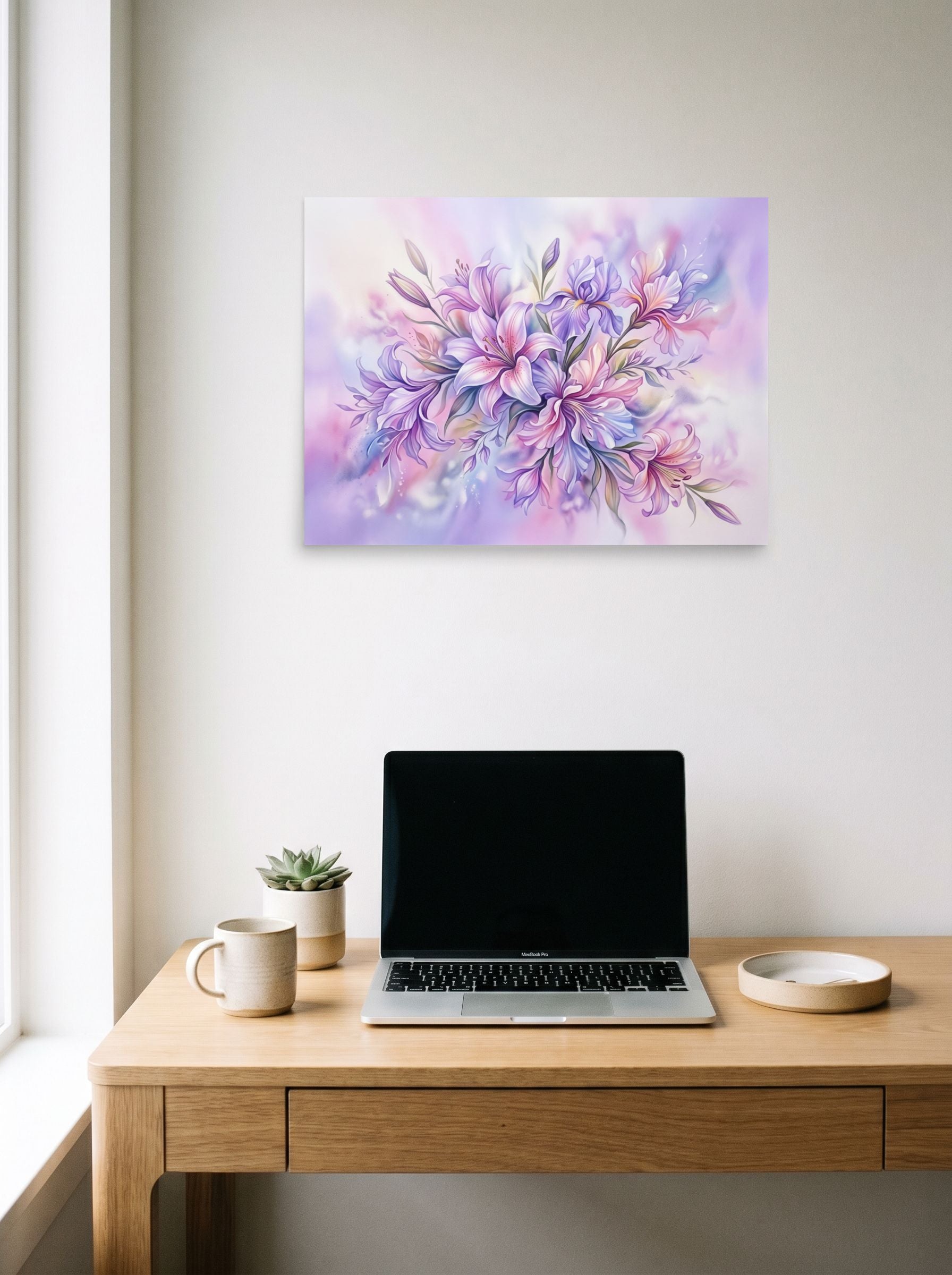 A 24x18 inch unframed paper Impressionism print of 'Pastel Petals' hanging above a worktable with a laptop.