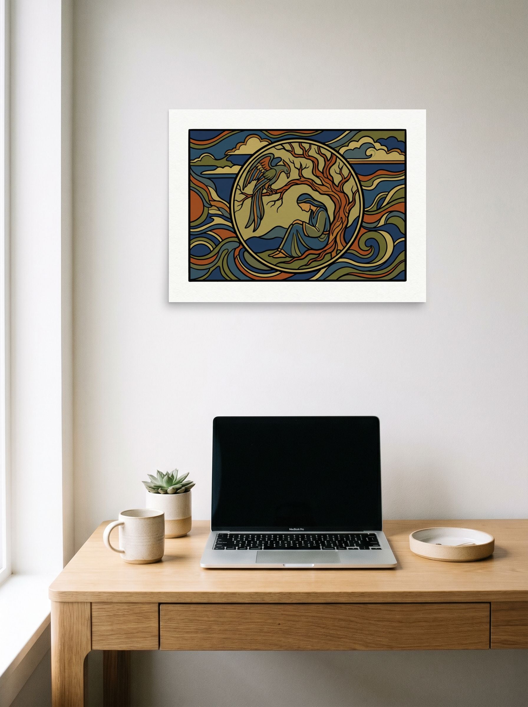 A 24x18 inch unframed paper Cloisonnism,Symbolism print of 'Mythic Solitude' hanging above a worktable with a laptop.