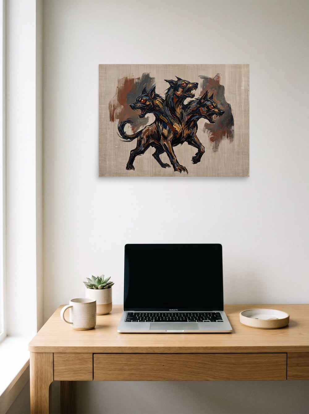 The unframed paper print 'Guardian of the Underworld' hanging above a worktable with a laptop, shown at 24x18 inch.