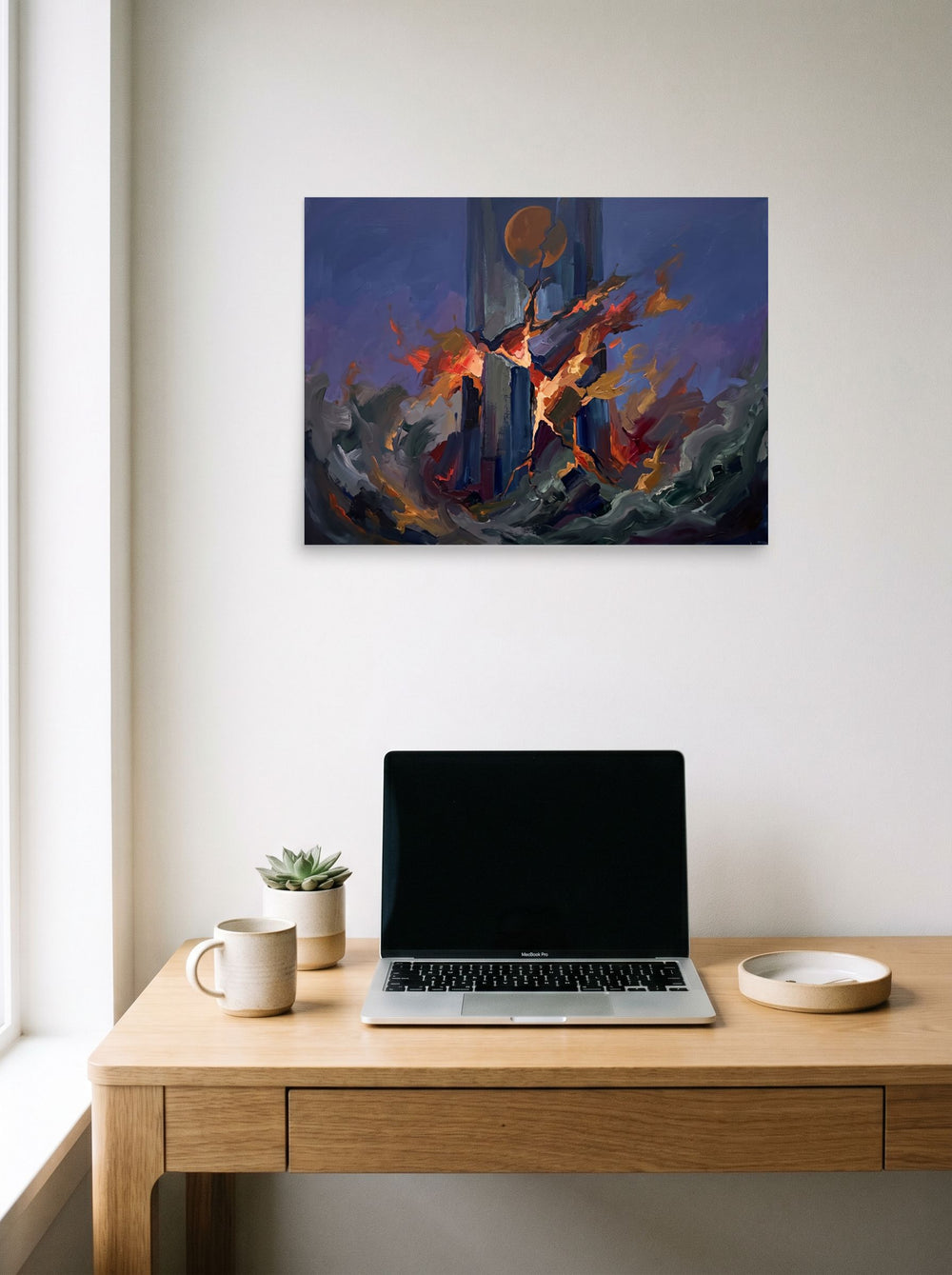 See 'The Falling Tower' as a unframed paper print (24x18 inch), styled above a home-office workspace.