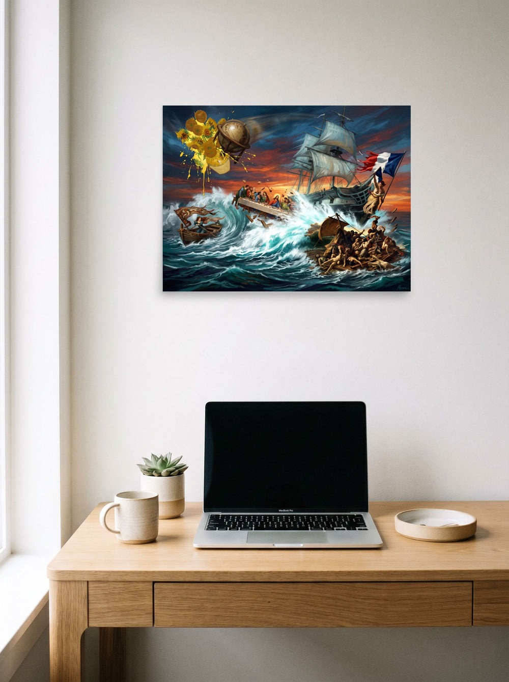 A unframed paper print of the Pop art artwork 'Tempest of Art', hanging above a worktable with a laptop.