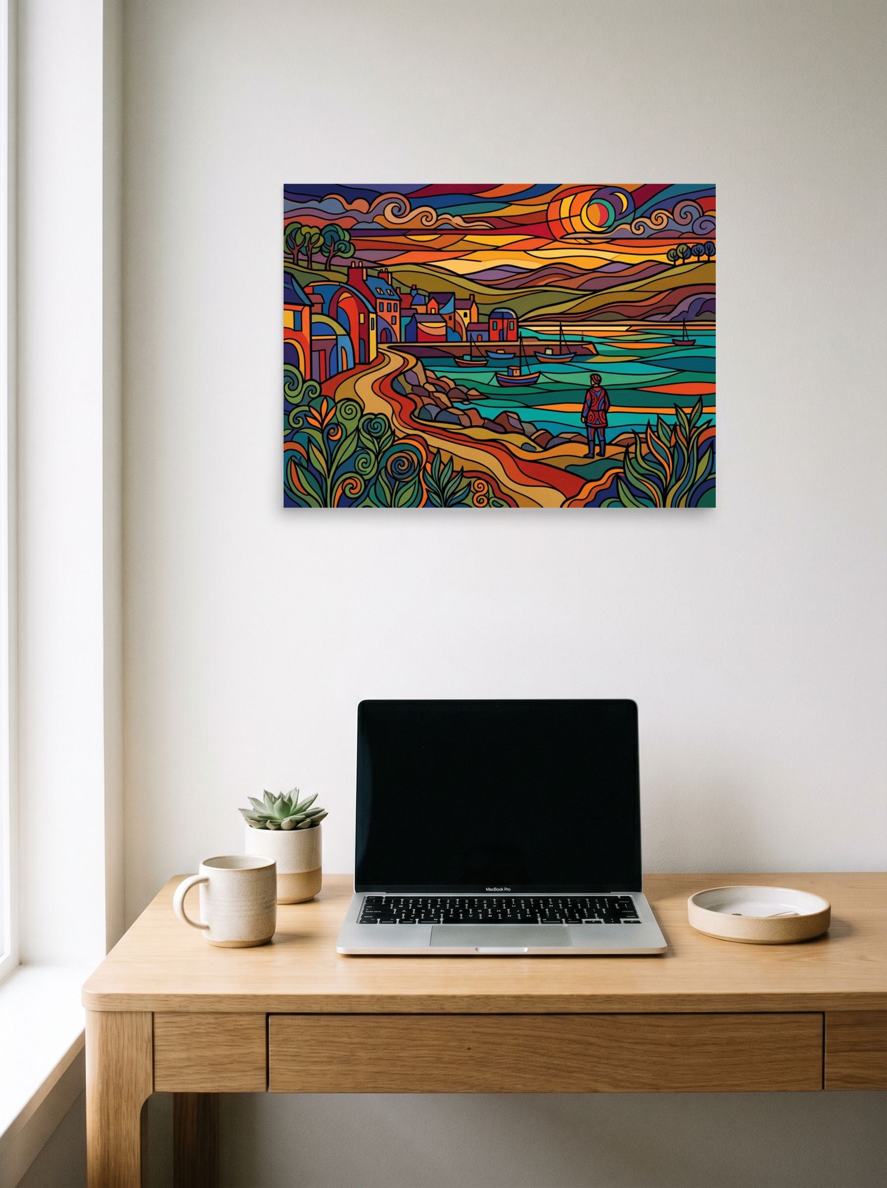 A 24x18 inch unframed paper Cloisonnism print of 'Harbor at Dusk in Stained Glass' hanging above a worktable with a laptop.