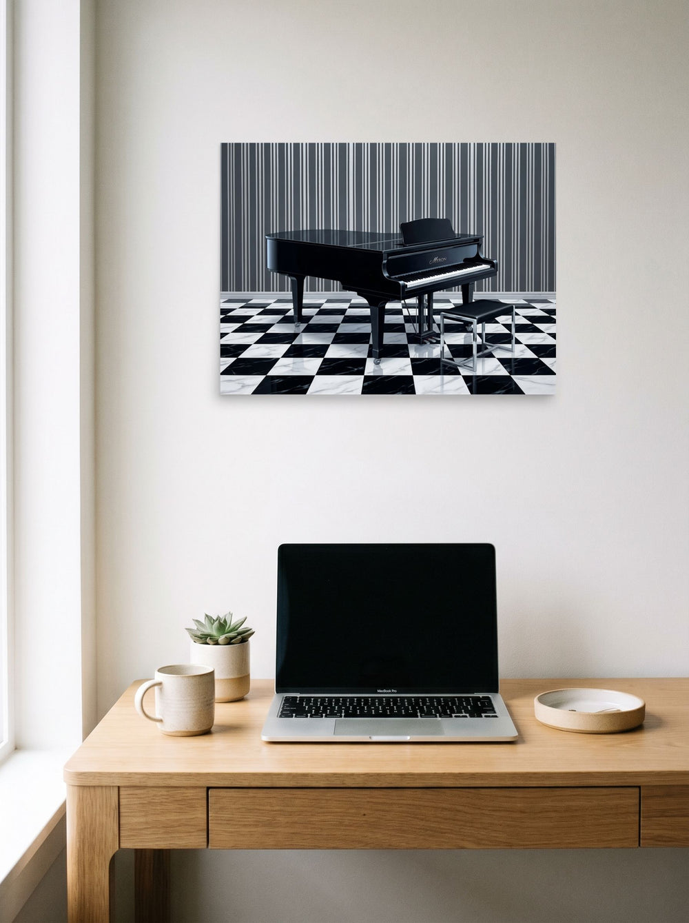 A 24x18 inch unframed paper Art Deco print of 'The Deco Piano' hanging above a worktable with a laptop.