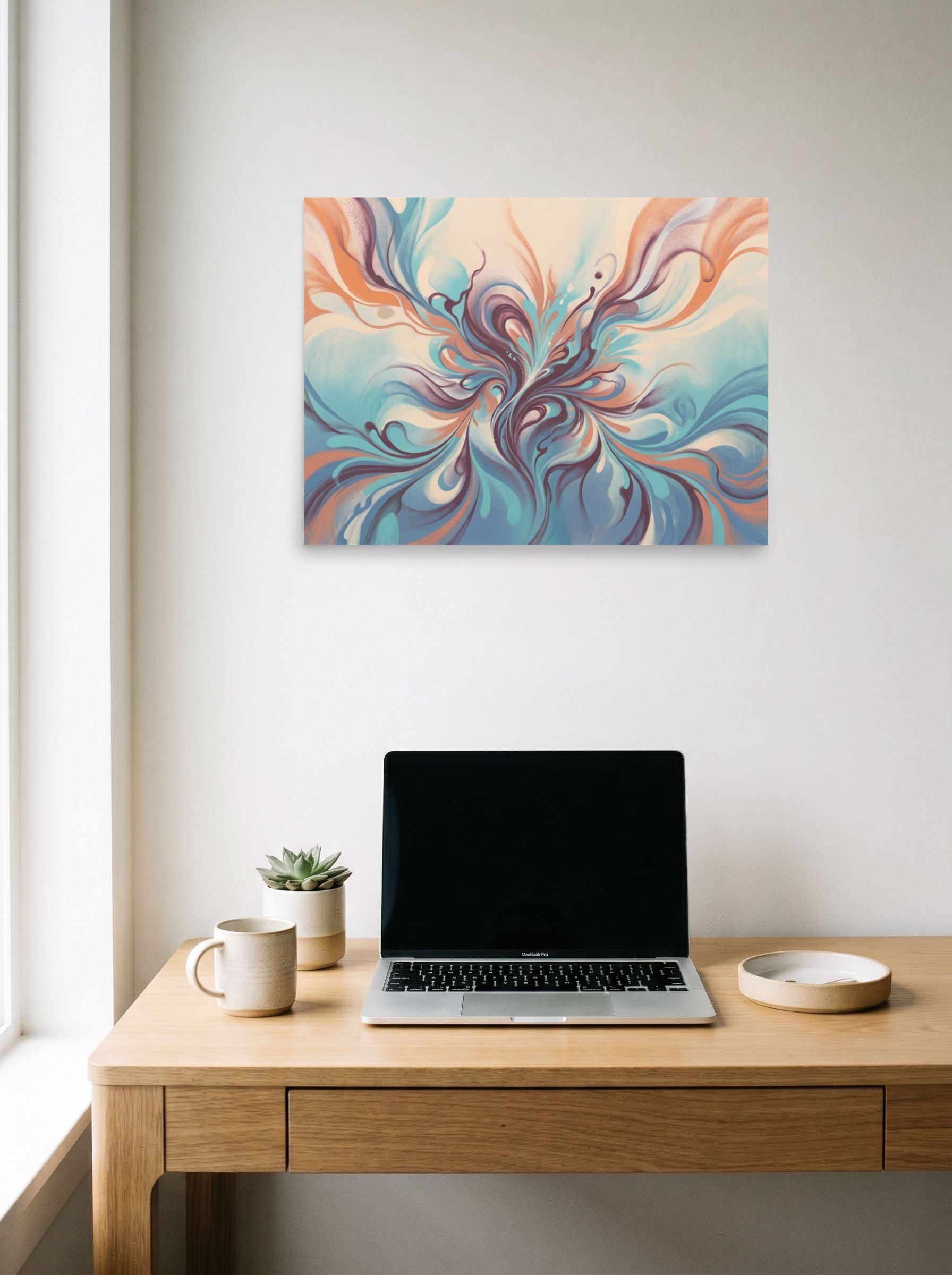 A 24x18 inch unframed paper Abstract art print of 'Aqua Arabesque' hanging above a worktable with a laptop.
