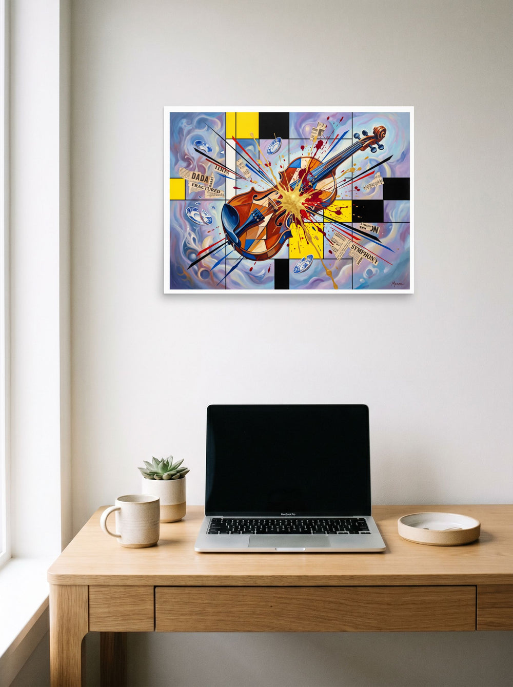 24x18 inch unframed paper print of 'Fractured Symphony', displayed over a compact desk setup.