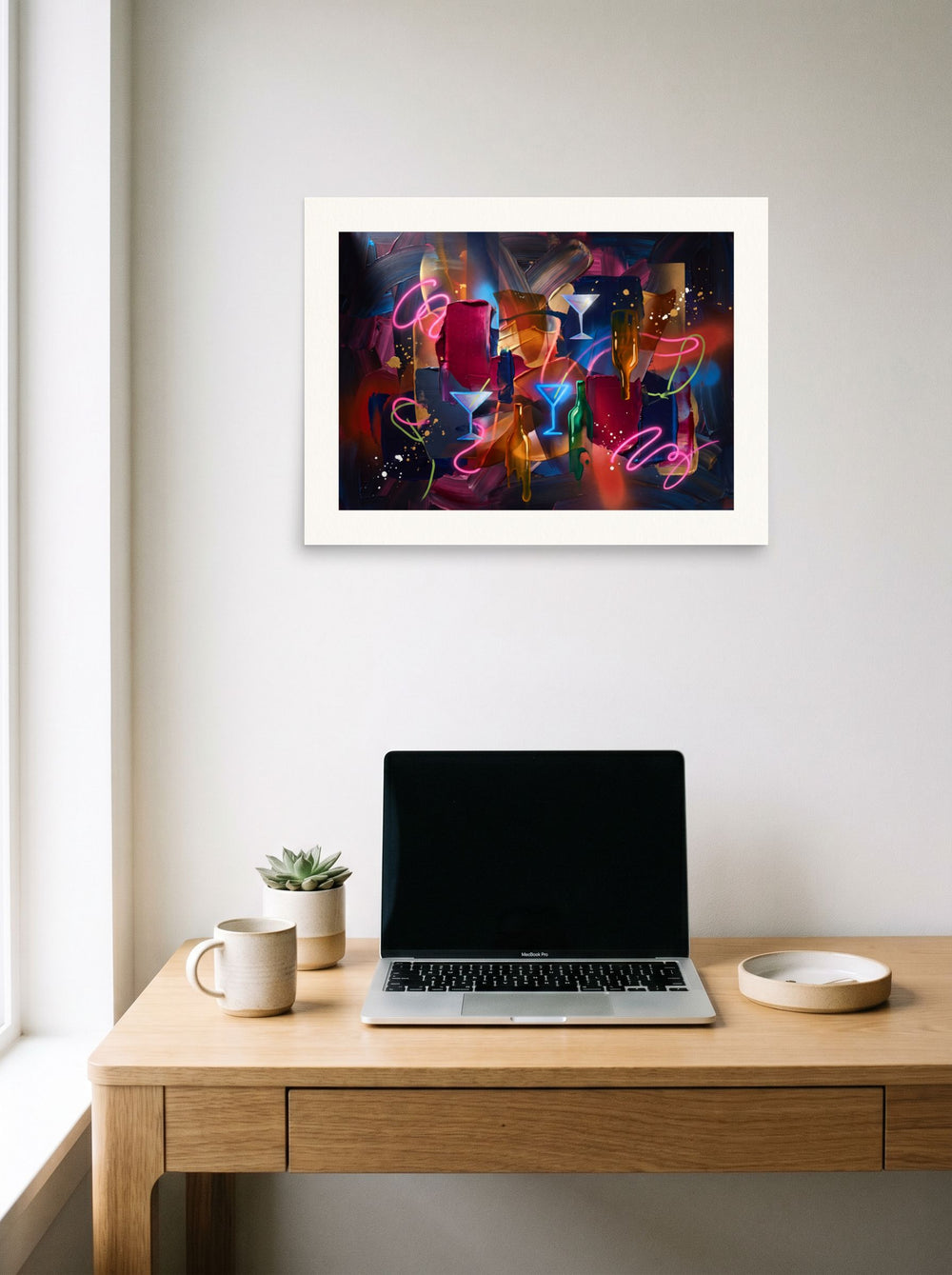 unframed paper wall art 'Midnight Lounge Impasto' hanging above a worktable with a laptop, at 24x18 inch.