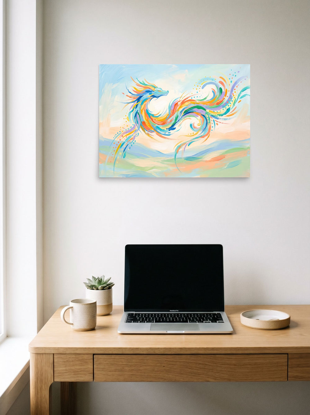 24x18 inch unframed paper print of 'Celestial Dragon', hanging above a worktable with a laptop.