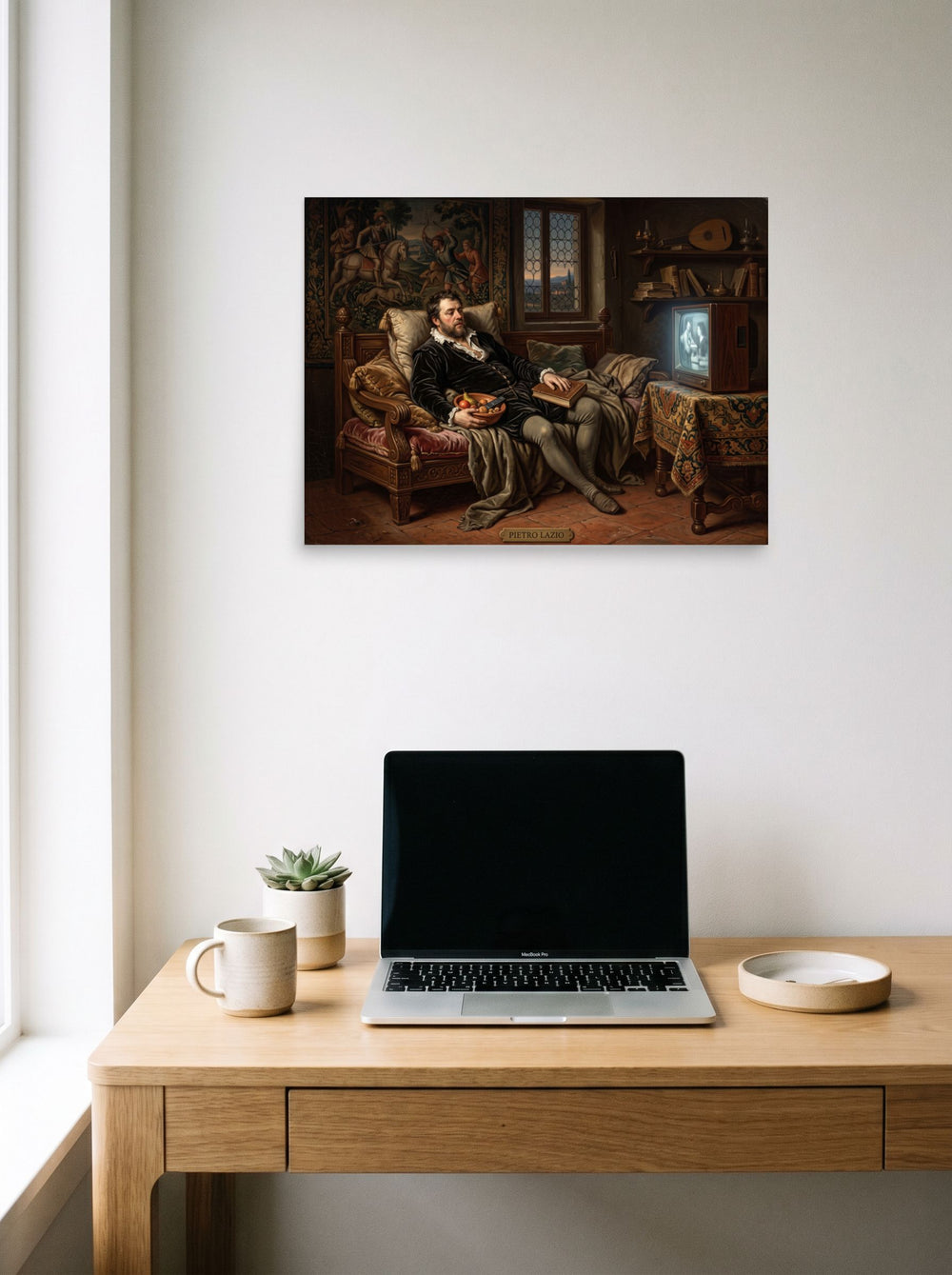 'The Renaissance Couch Potato' displayed over a compact desk setup, printed as unframed paper at 24x18 inch.