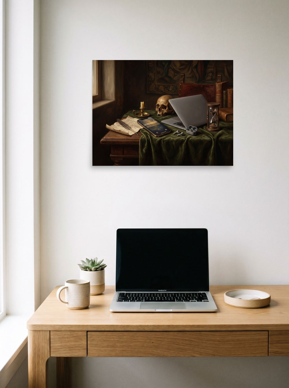 A 24x18 inch unframed paper version of 'Digital Vanitas', Vanitas wall art, styled above a home-office workspace.