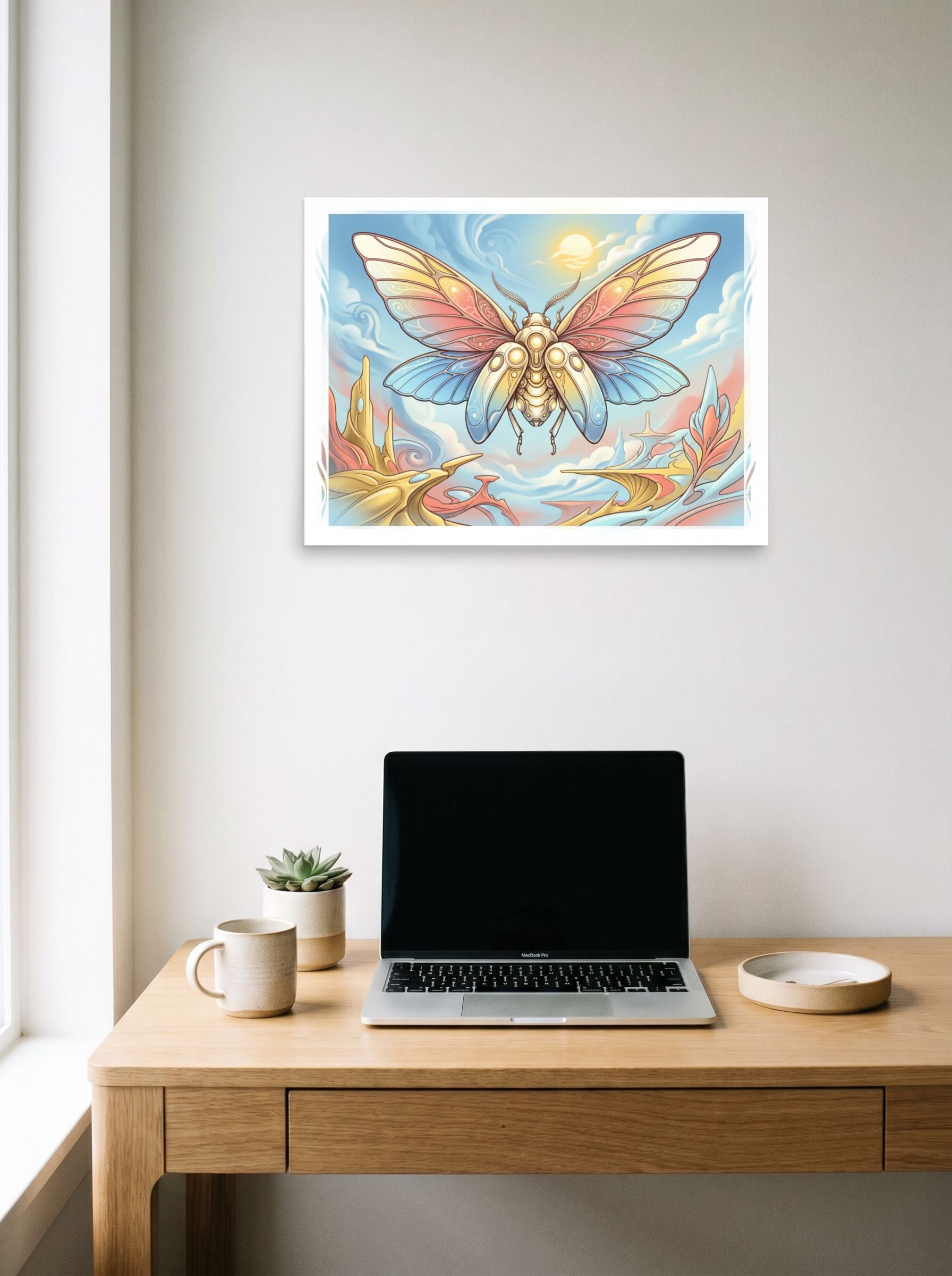 A 24x18 inch unframed paper Surrealism print of 'Celestial Metamorphosis' hanging above a worktable with a laptop.