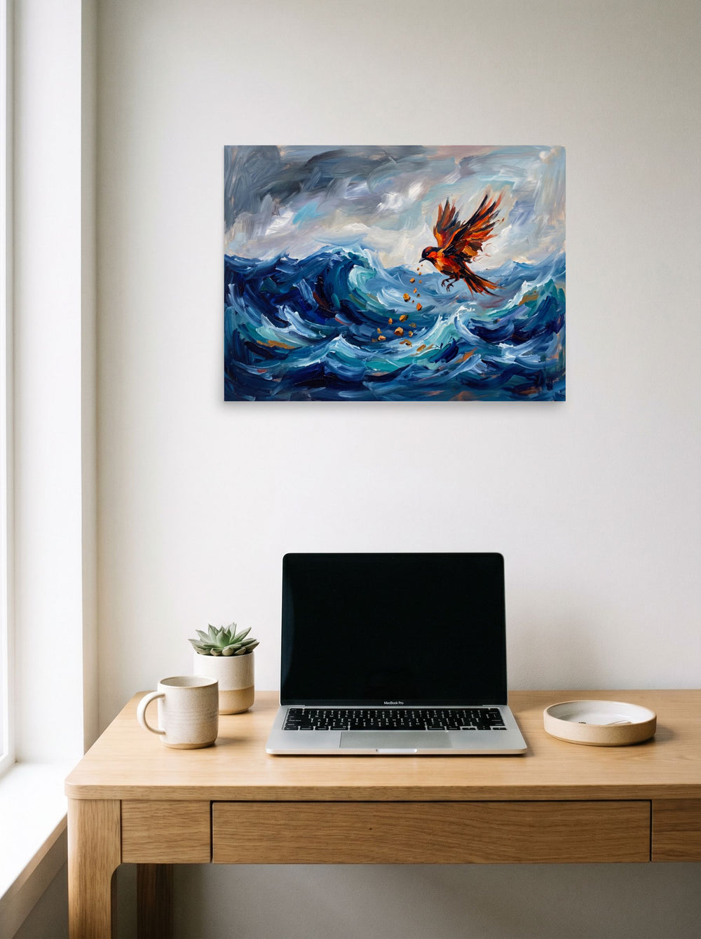'Jingwei Fills the Sea' as a unframed paper print, 24x18 inch, styled above a home-office workspace.