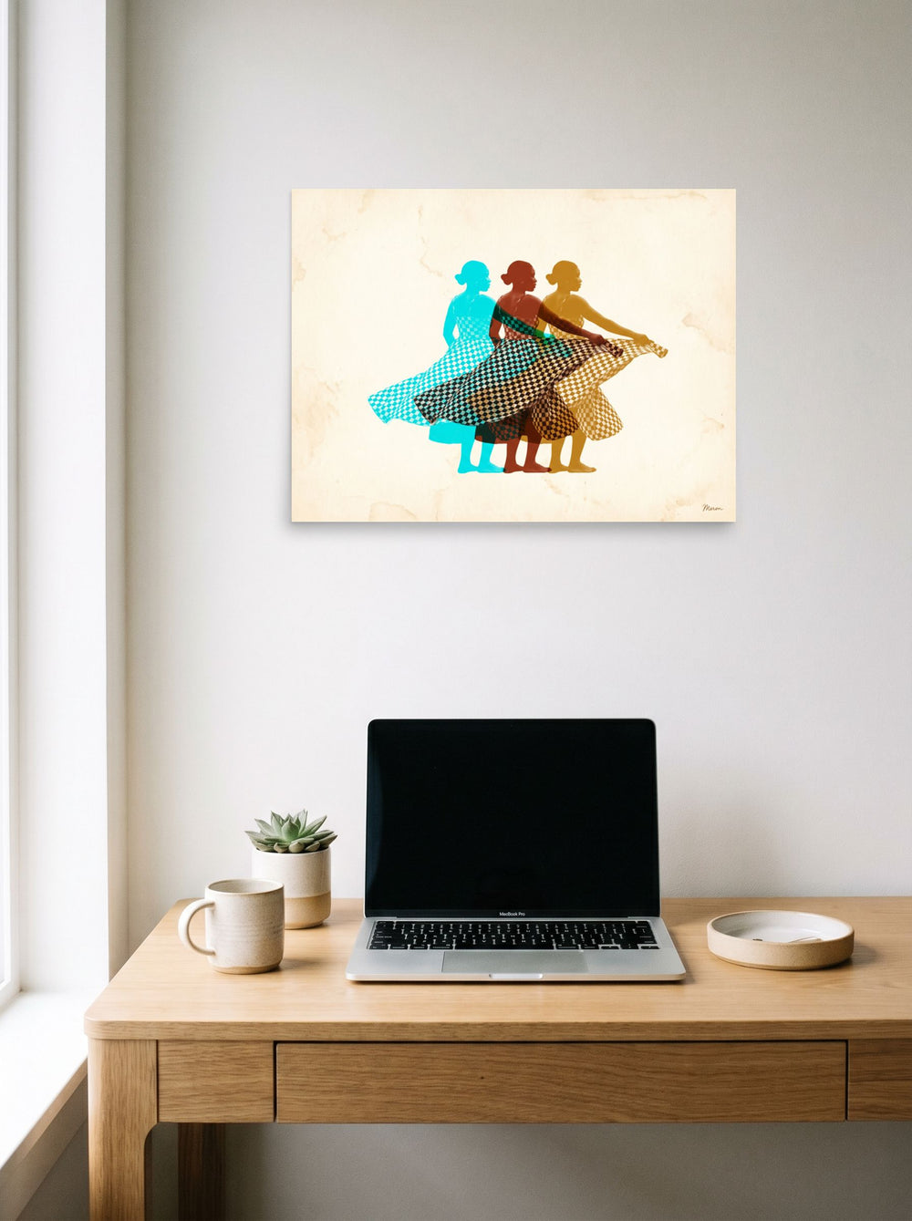 A 24x18 inch unframed paper Pop art,Figurative art print of 'Rhythm in Triplicate' hanging above a worktable with a laptop.