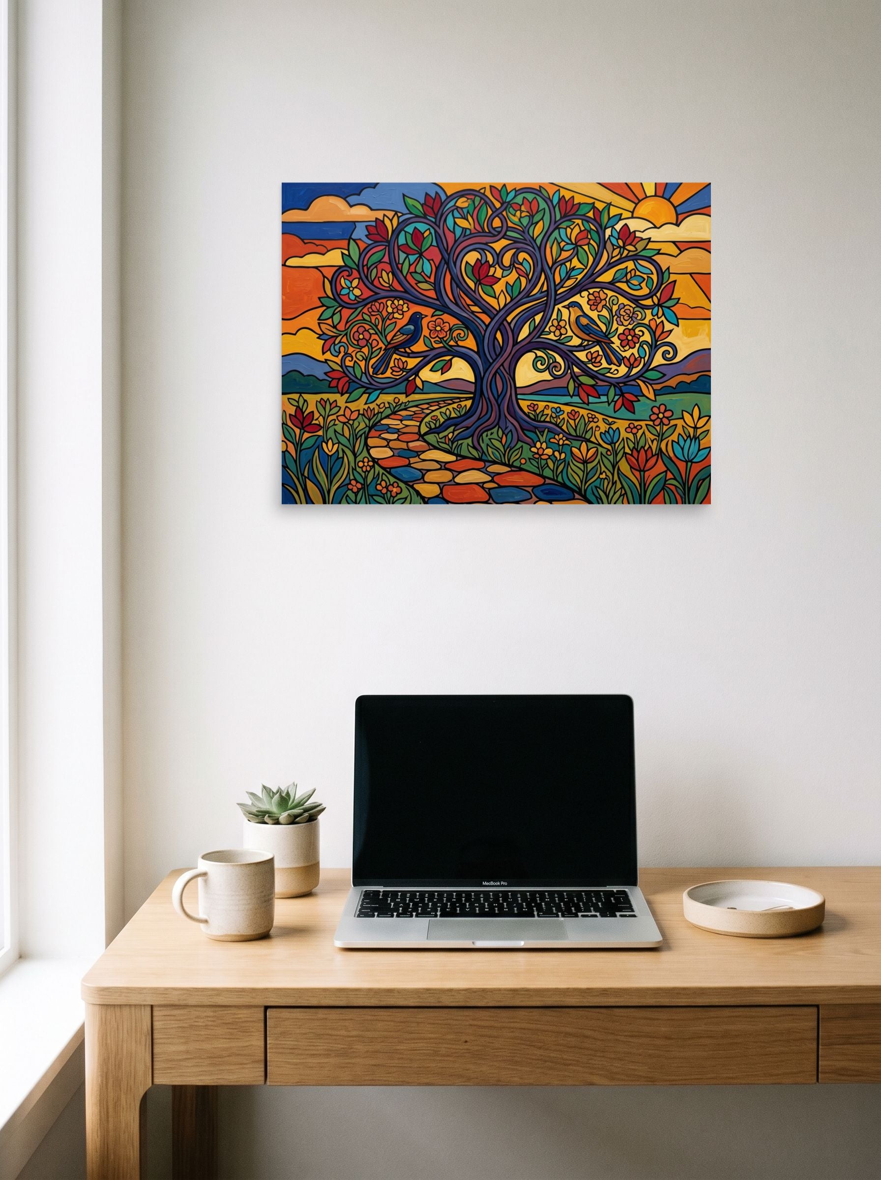 A 24x18 inch unframed paper Cloisonnism,Pop art print of 'The Tree of Life' hanging above a worktable with a laptop.
