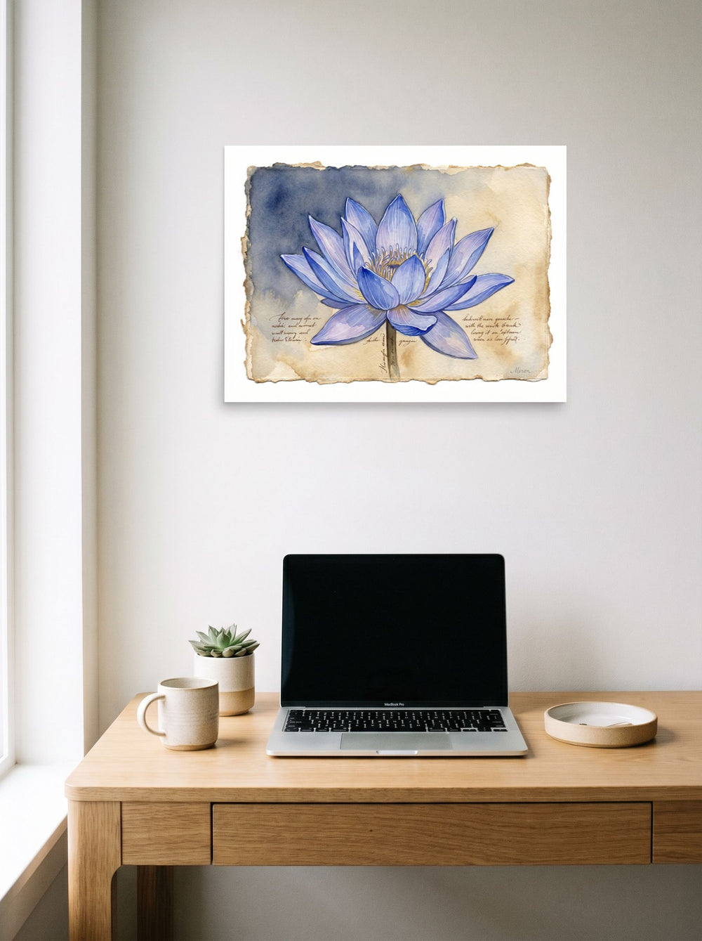 'Blue Lotus Botanical', a Fine Art print styled above a home-office workspace. Shown as unframed paper, 24x18 inch.