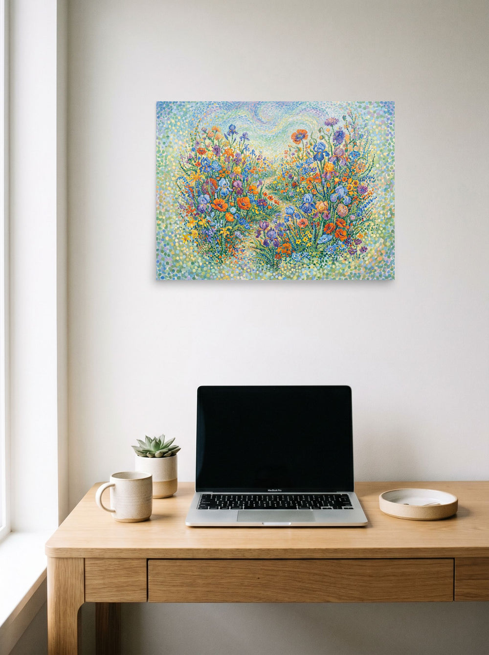 See 'Wildflower Symphony' as a unframed paper print (24x18 inch), displayed over a compact desk setup.