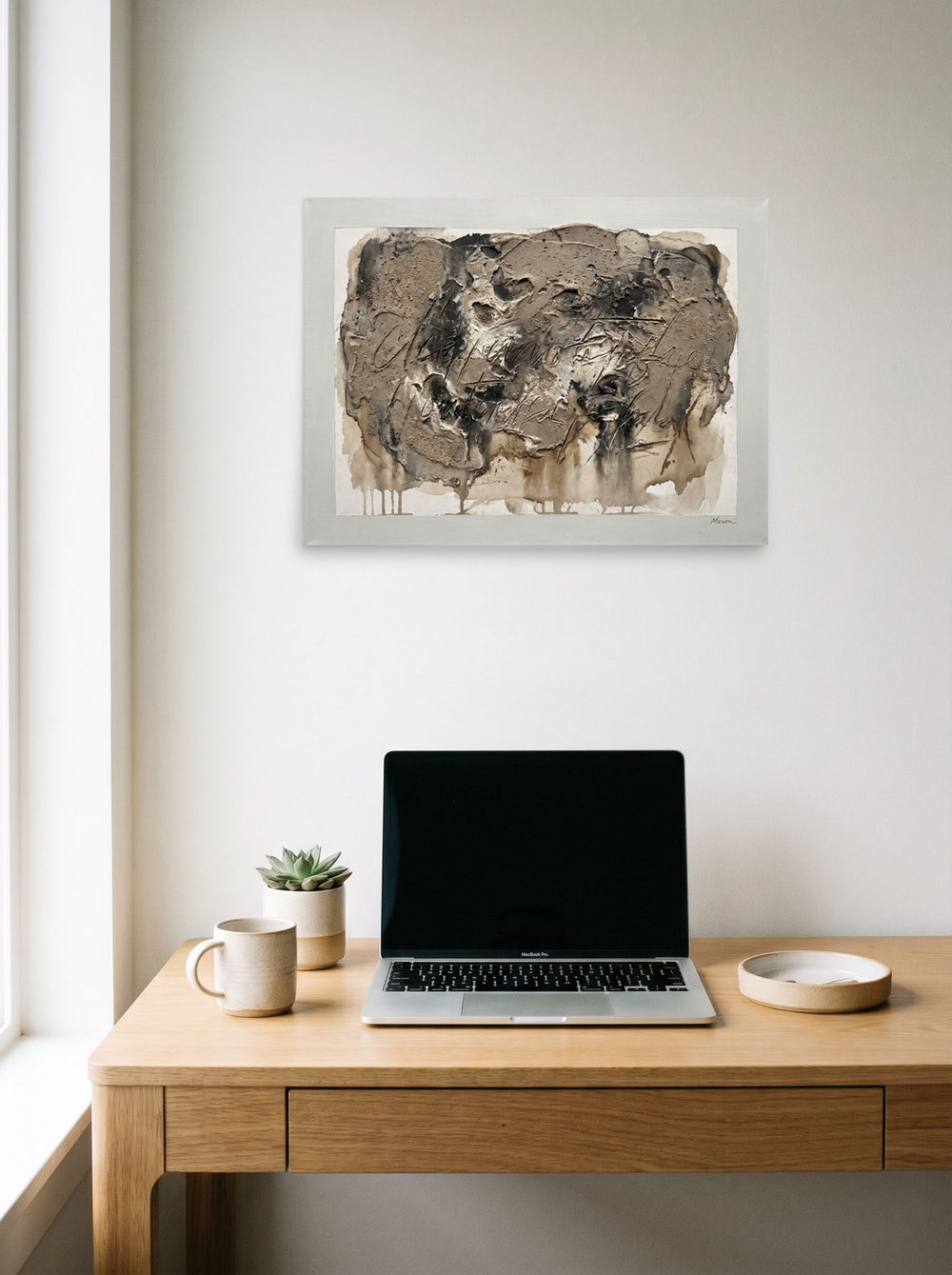 The unframed paper print 'Earth and Sgraffito' displayed over a compact desk setup, shown at 24x18 inch.