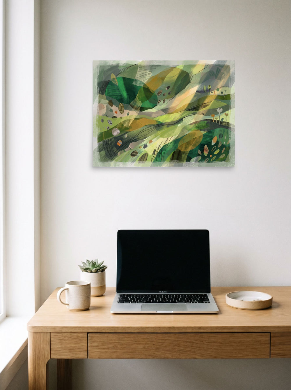 See 'Verdant Horizons' as a unframed paper print (24x18 inch), styled above a home-office workspace.