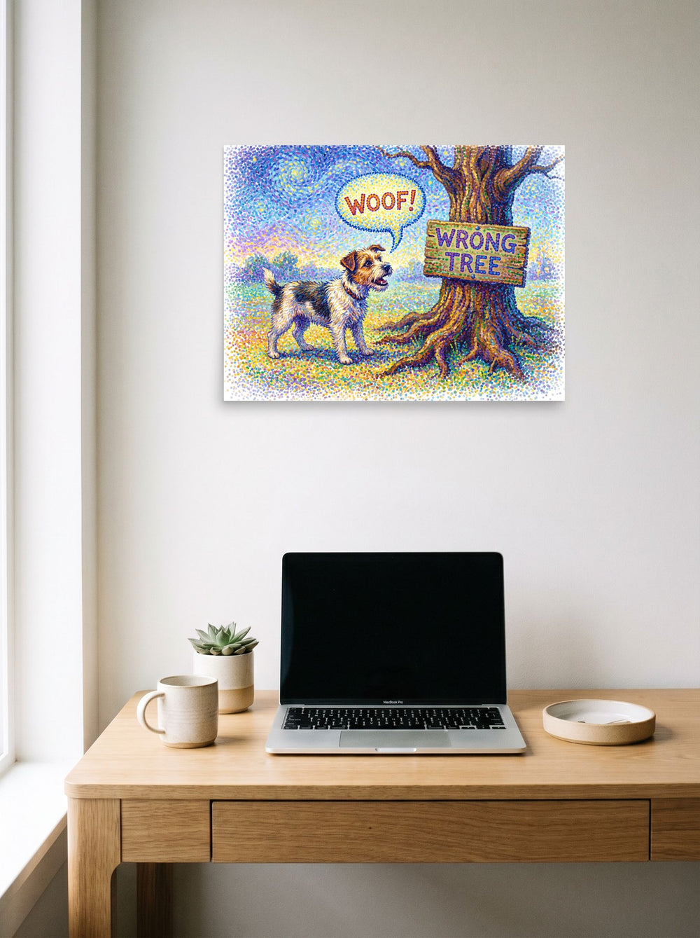 unframed paper wall art 'Barking Up the Wrong Tree' styled above a home-office workspace, at 24x18 inch.