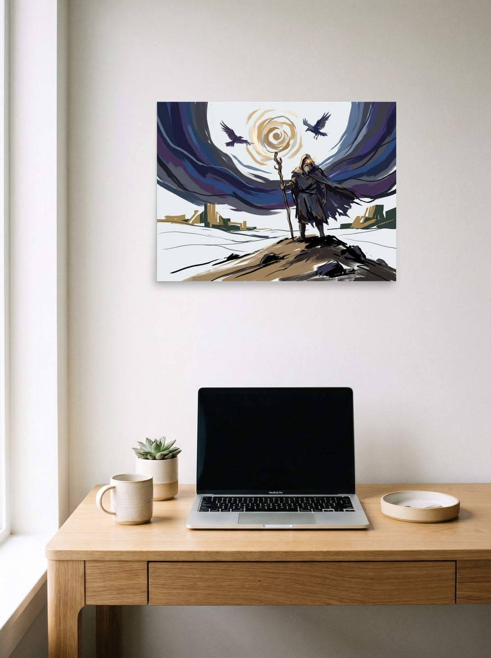 24x18 inch unframed paper print of 'The Wanderer's Eye', hanging above a worktable with a laptop.