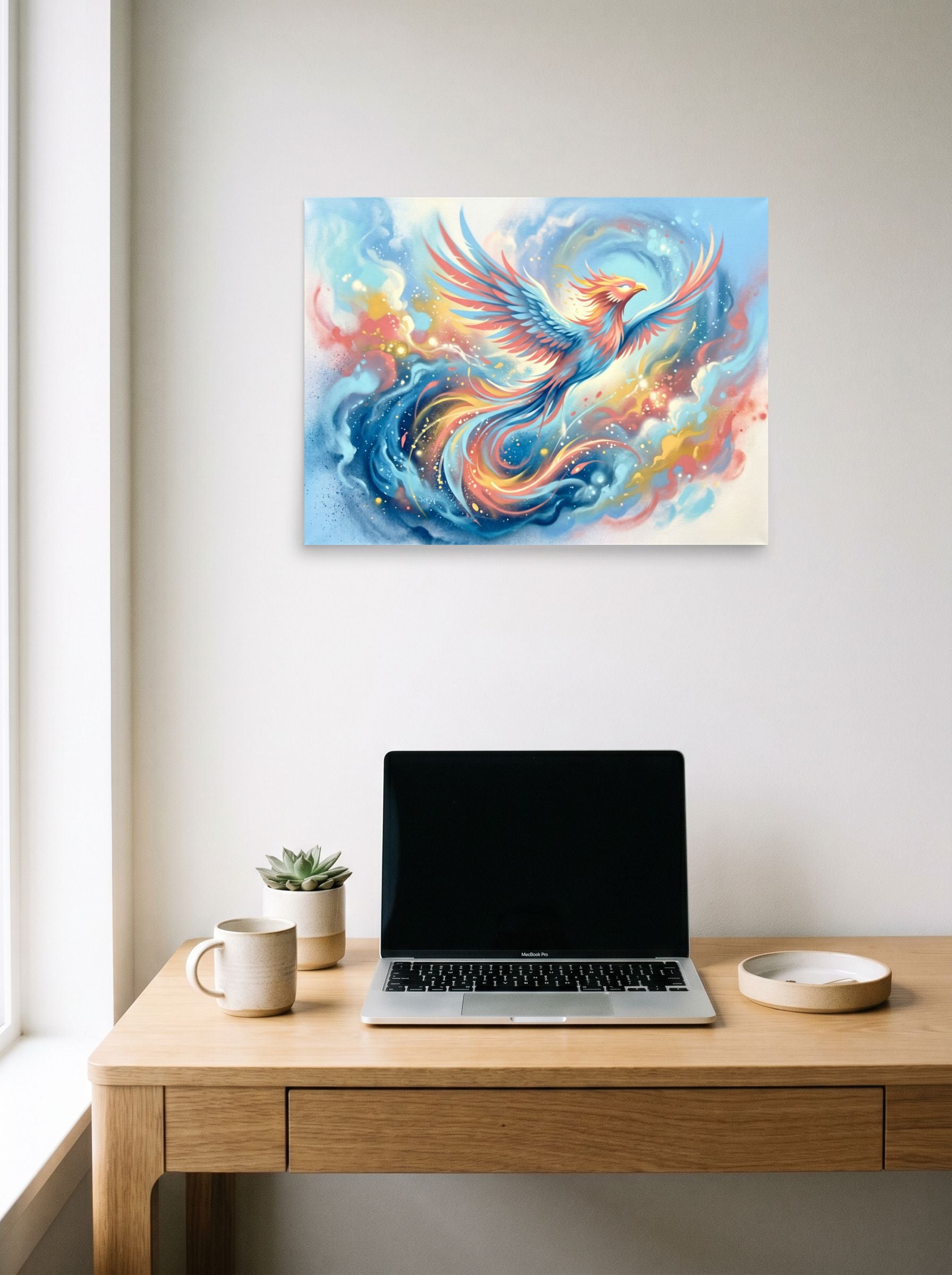 A 24x18 inch unframed paper Surrealism print of 'Phoenix Rising' hanging above a worktable with a laptop.