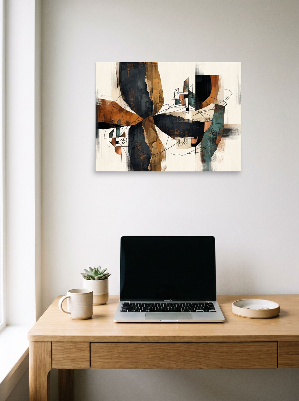 Mockup of 'Architectural Fragments in Ochre' as a 24x18 inch unframed paper print, styled above a home-office workspace.