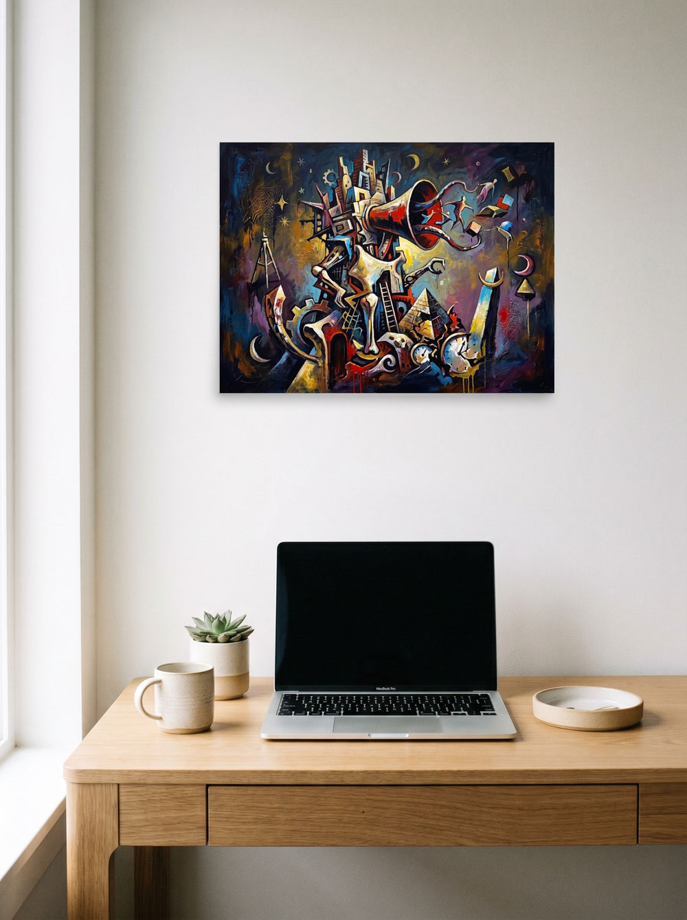 'Tower of Dreams' styled above a home-office workspace. A 24x18 inch unframed paper Dau-al-Set print.