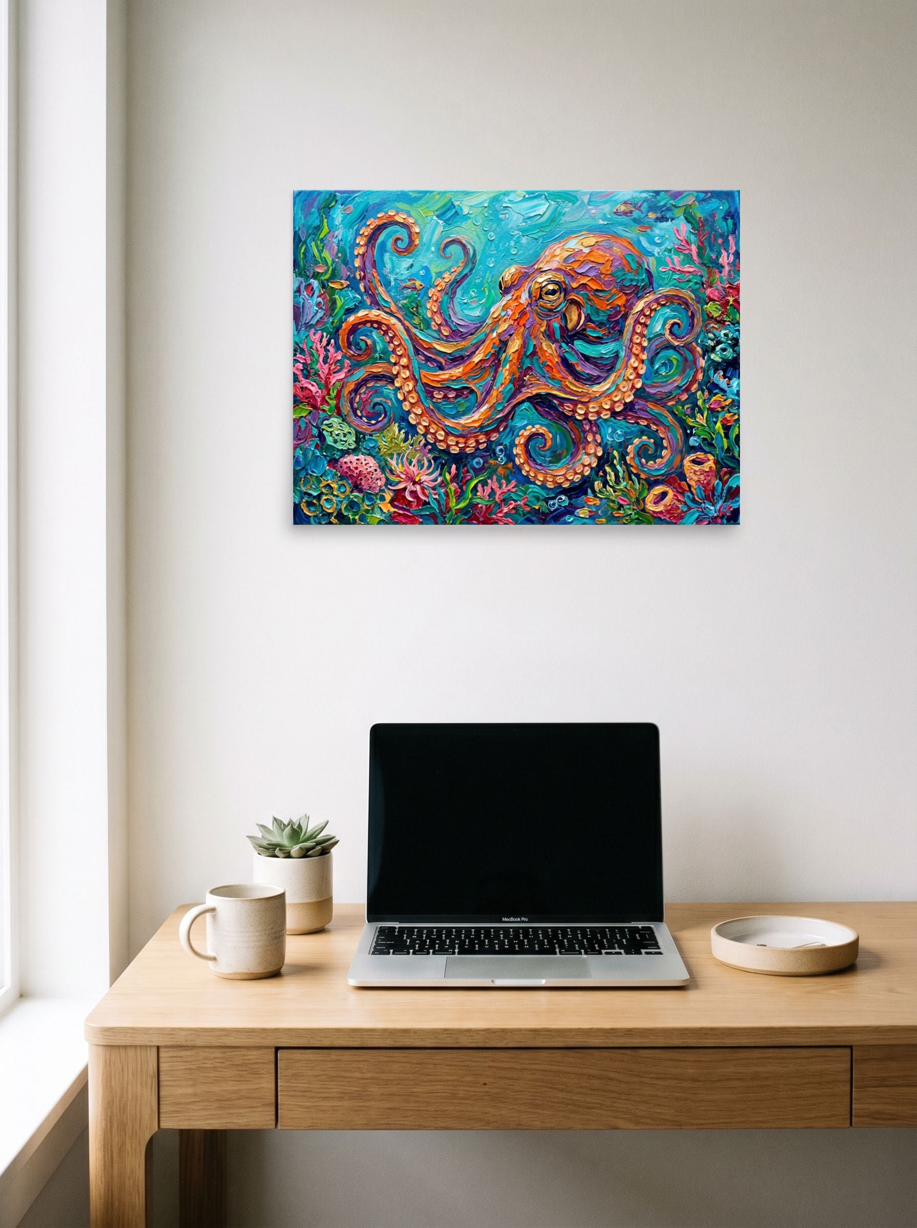 A 24x18 inch unframed paper Impressionism print of 'The Vibrant Octopus' hanging above a worktable with a laptop.