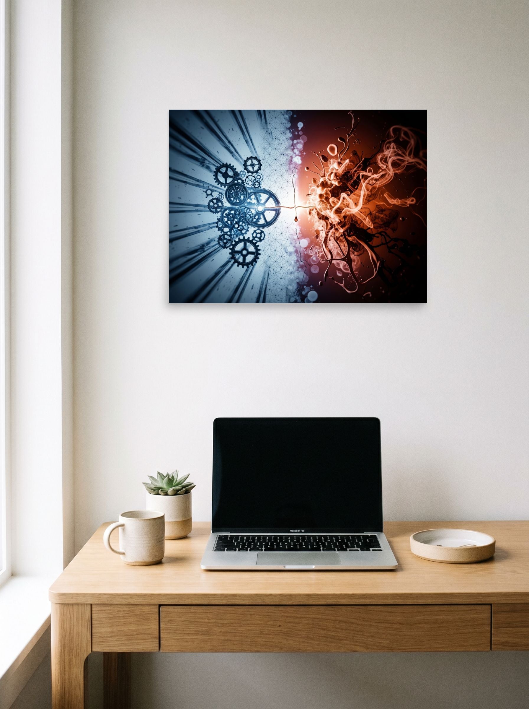 A 24x18 inch unframed paper Abstract art print of 'Mechanical Genesis' hanging above a worktable with a laptop.
