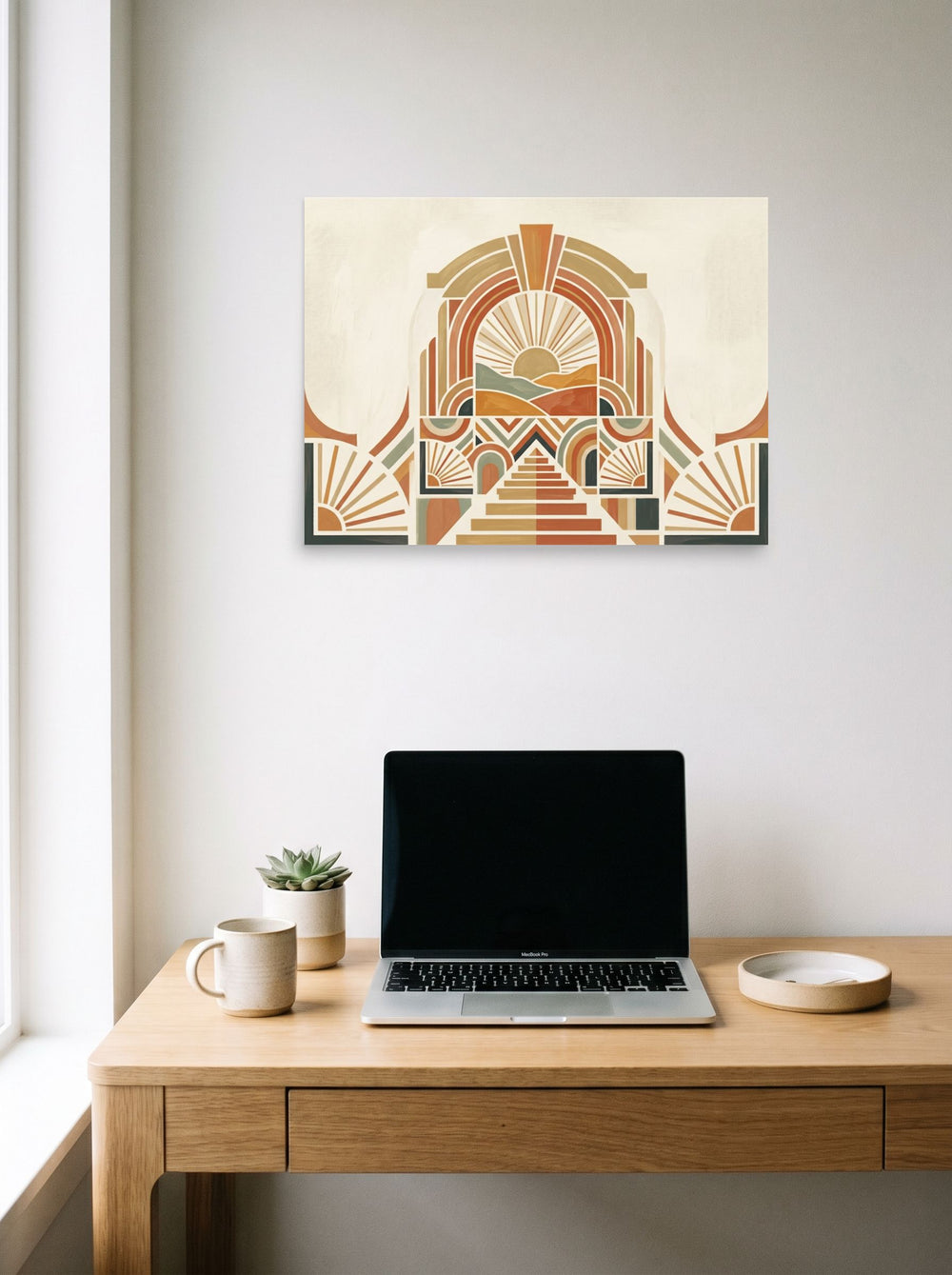 A 24x18 inch unframed paper Art Deco,Geometric abstract art print of 'Art Deco Desert Sunrise' hanging above a worktable with a laptop.