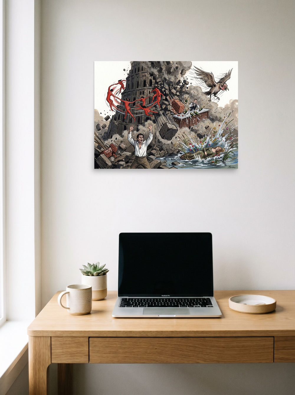 Pop art wall art 'Collapse of Babel', unframed paper at 24x18 inch, displayed over a compact desk setup.