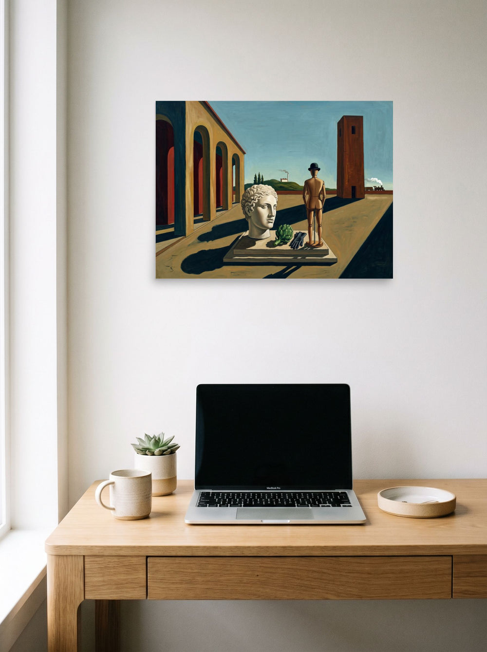 A 24x18 inch unframed paper Metaphysical painting print of 'The Enigma of the Industrial Mind' hanging above a worktable with a laptop.