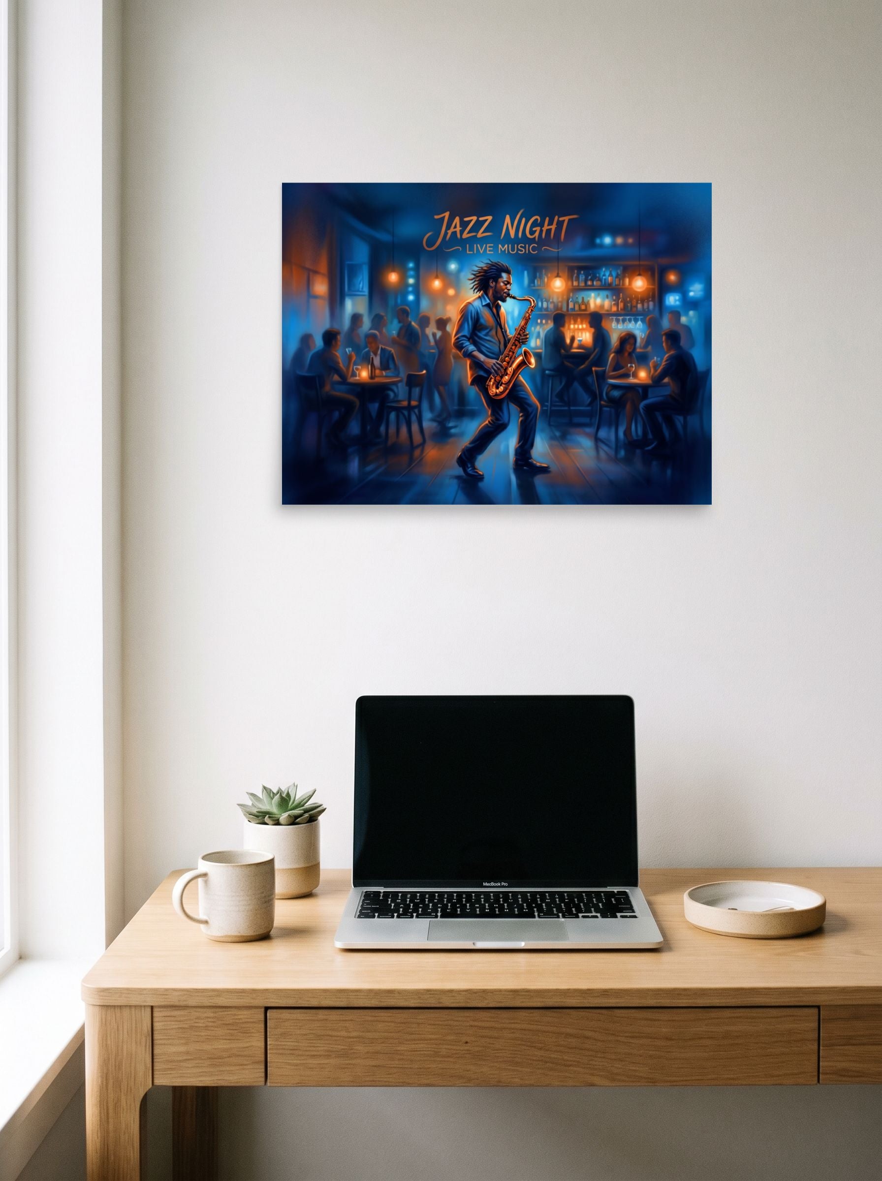 A 24x18 inch unframed paper Modernism print of 'Midnight Jazz Session' hanging above a worktable with a laptop.