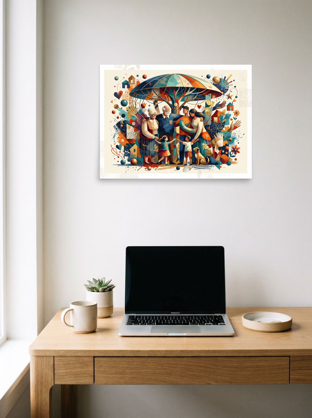 A 24x18 inch unframed paper version of 'Under the Family Canopy', Figurative art wall art, styled above a home-office workspace.