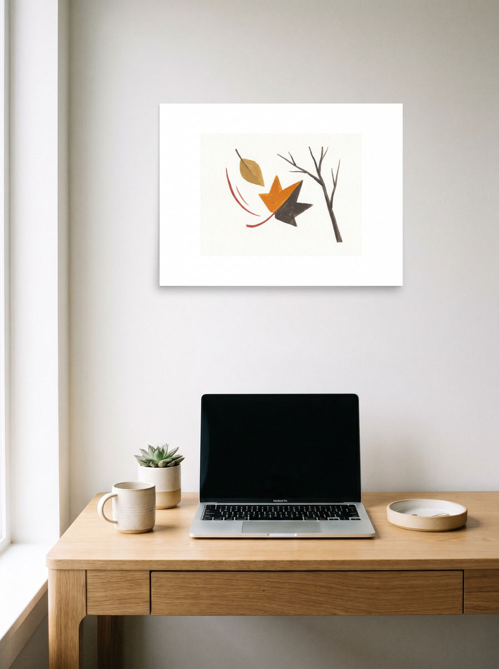 A 24x18 inch unframed paper version of 'The Final Leaf', Minimalism wall art, styled above a home-office workspace.